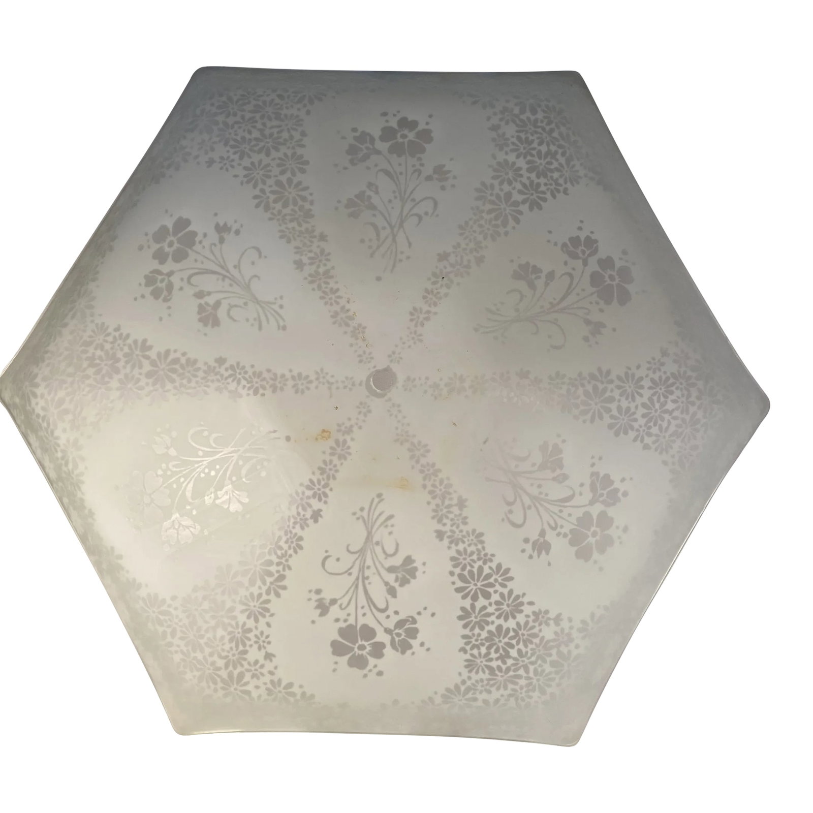 1950s Glass Floral Hexagon Diffuser for Flush Mount Light Fixture: Unusual mid century hexagonal glass shade. Beautiful floral design. 20" at its widest. 3.5" deep. Fits most flush mount post style ceiling light fixtures. Great mid century design. No chips or cracks.