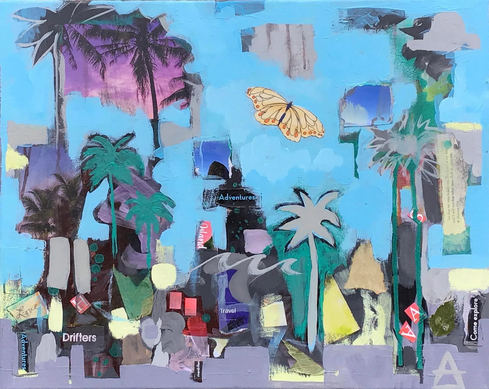 "Travel Poem #1-Tropics" Original Mixed Media Artwork on Canvas by Cassandra L. Auker: Inspired by travel to popular locals and pop art. Many types of media blended into a visual poem. Paper, ink, and acrylic paint are primary media. A completely unique piece, first of a Travel Poem
