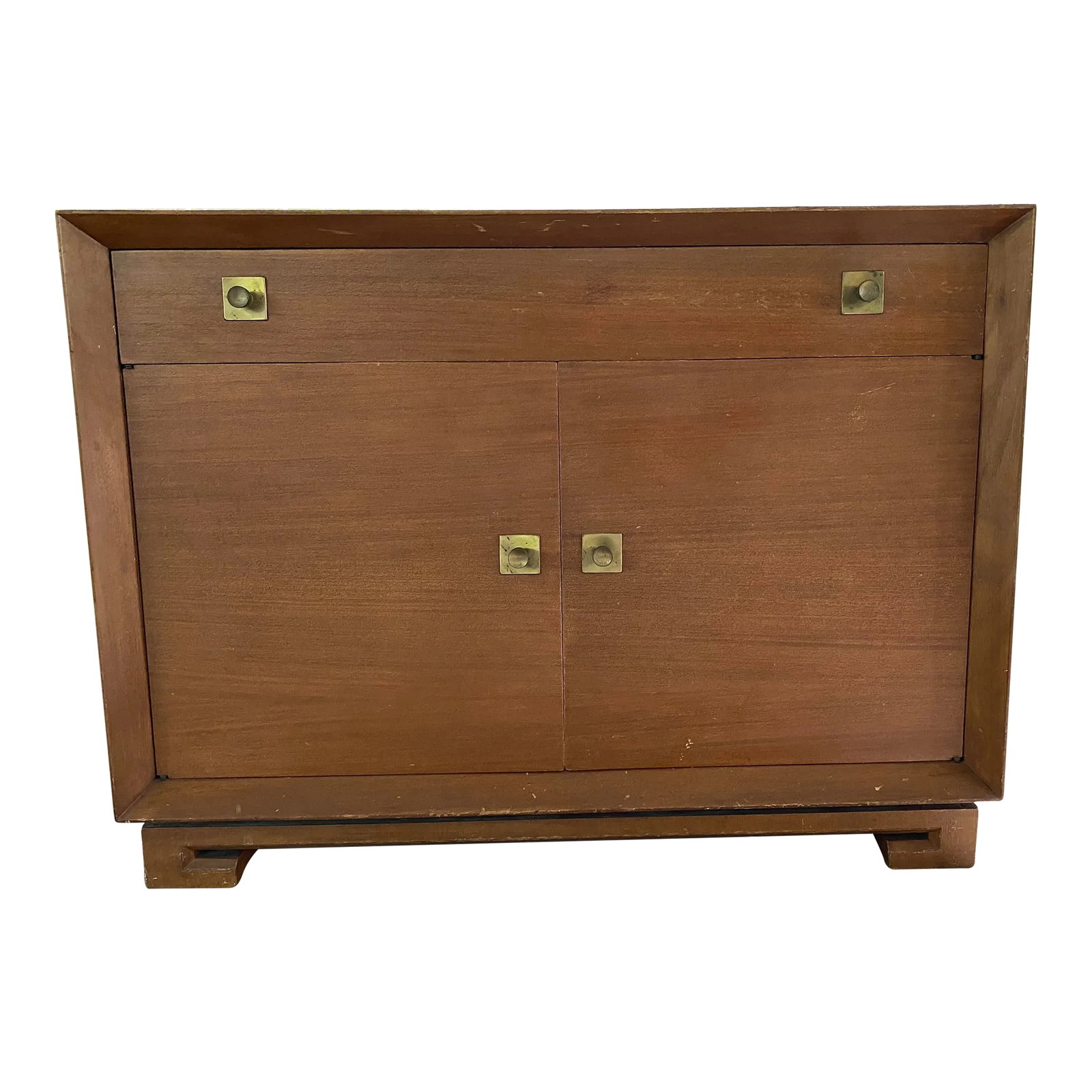 Mid Century Modern W & J Sloane Credenza: Color on top is even, picture shows in half shade. Brass patina knobs, divided drawer. Condition: Alterations: Original Condition Unaltered Imperfections: Some Imperfections Condition Notes: Note