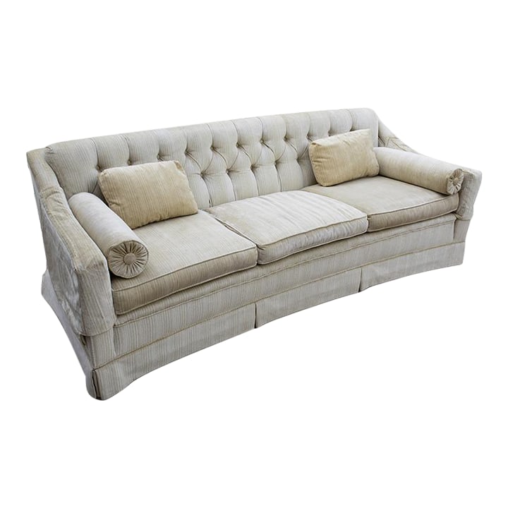Vintage Henredon Hollywood Regency Sofa: This beautiful, one-of-a-kind Mid-Century Modern sofa will tie any Art Deco or traditional living space together with its unique design and comfort. The pale green multi-toned pinstriped velvet will