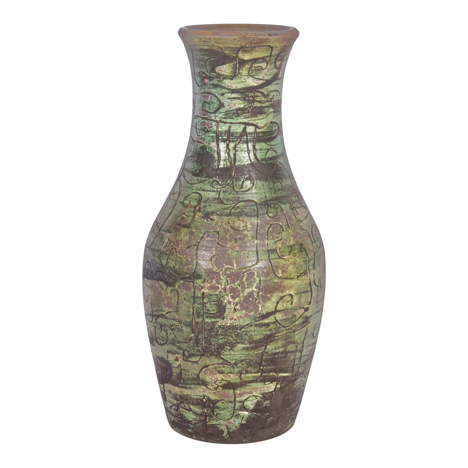 1950s Signed French Art Studio Incised Ceramic Vase: Handcrafted french cArt Pottery Vase with lively Green toned color and incised decoration. Camouflage tonality. Greens, Taupe, Brown, Gold, Mauve, Earthen coloration. Reflective. Gloss glazed interior