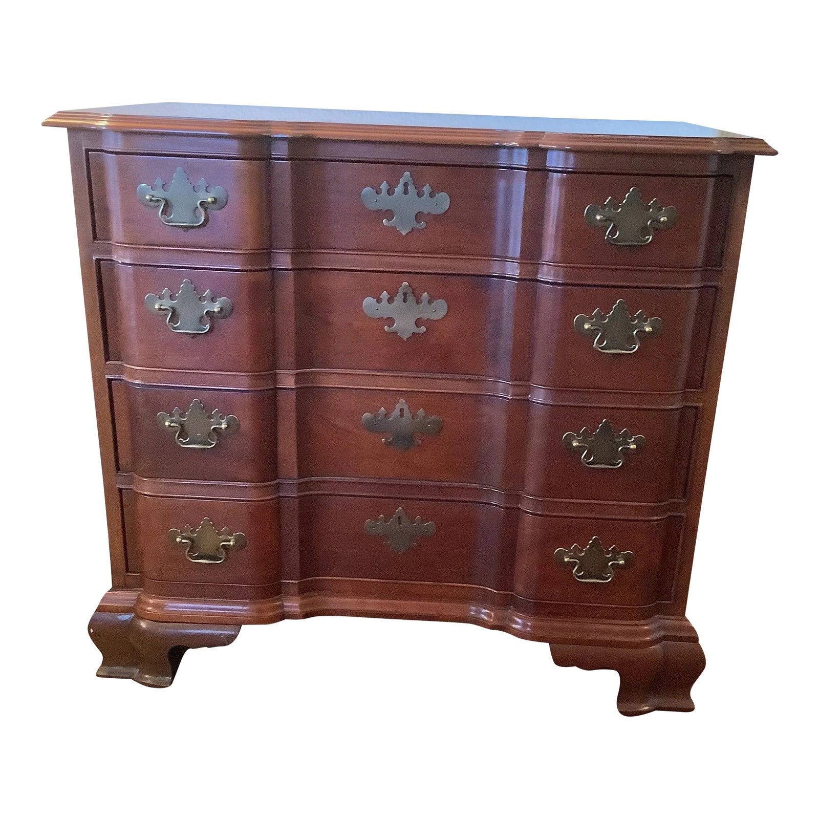 Late 20th Century Block Front Chest of Drawers: Beautiful mahogany Block Front chest of drawers. Two pieces being sold individually due condition status. Made late 20th century by Council Furniture, formally Councill Craftsman. These are fine