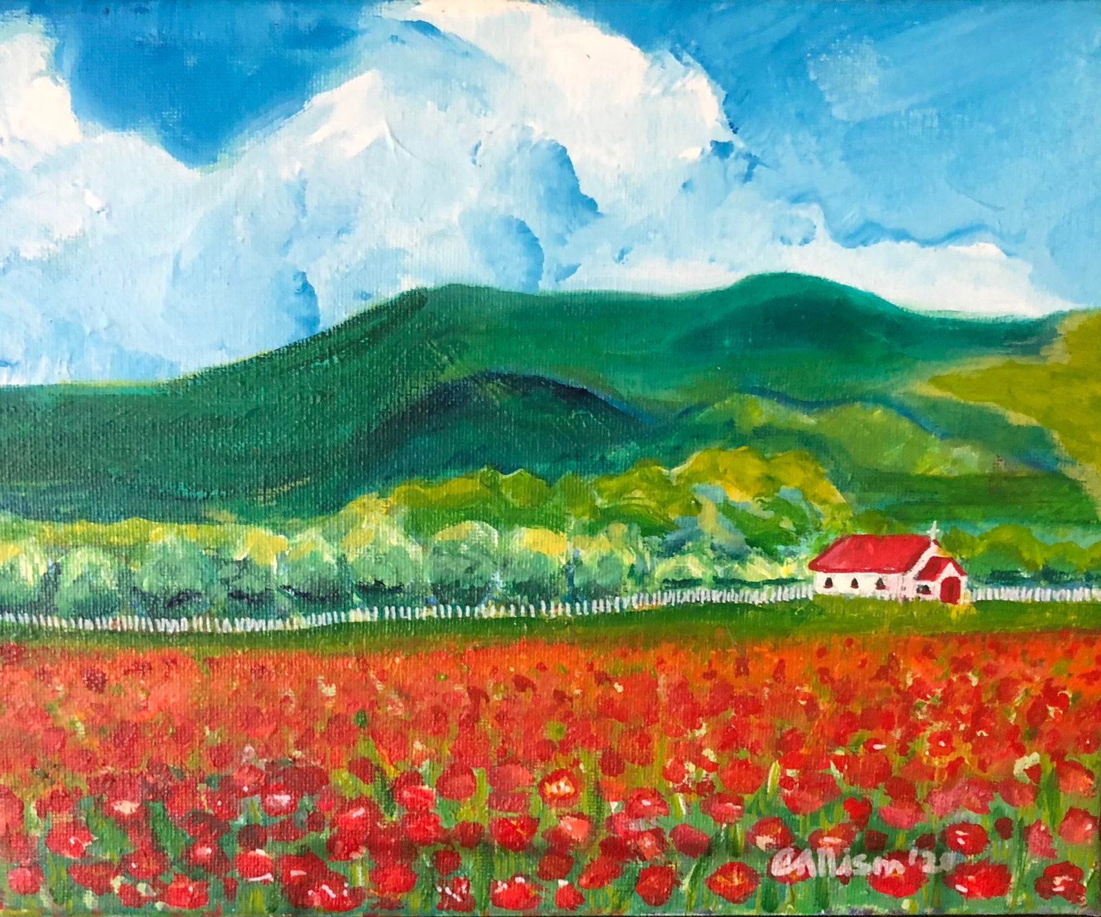 "French Poppy Field" Contemporary Expressionist Landscape Acrylic Painting by Colleen Allison: Acrylic painting sized 8x10 inches. Sold unframed. Free shipping. Landscape of French Countryside with church in distance. Painted by seller. Condition: Imperfections: No Imperfections Condition