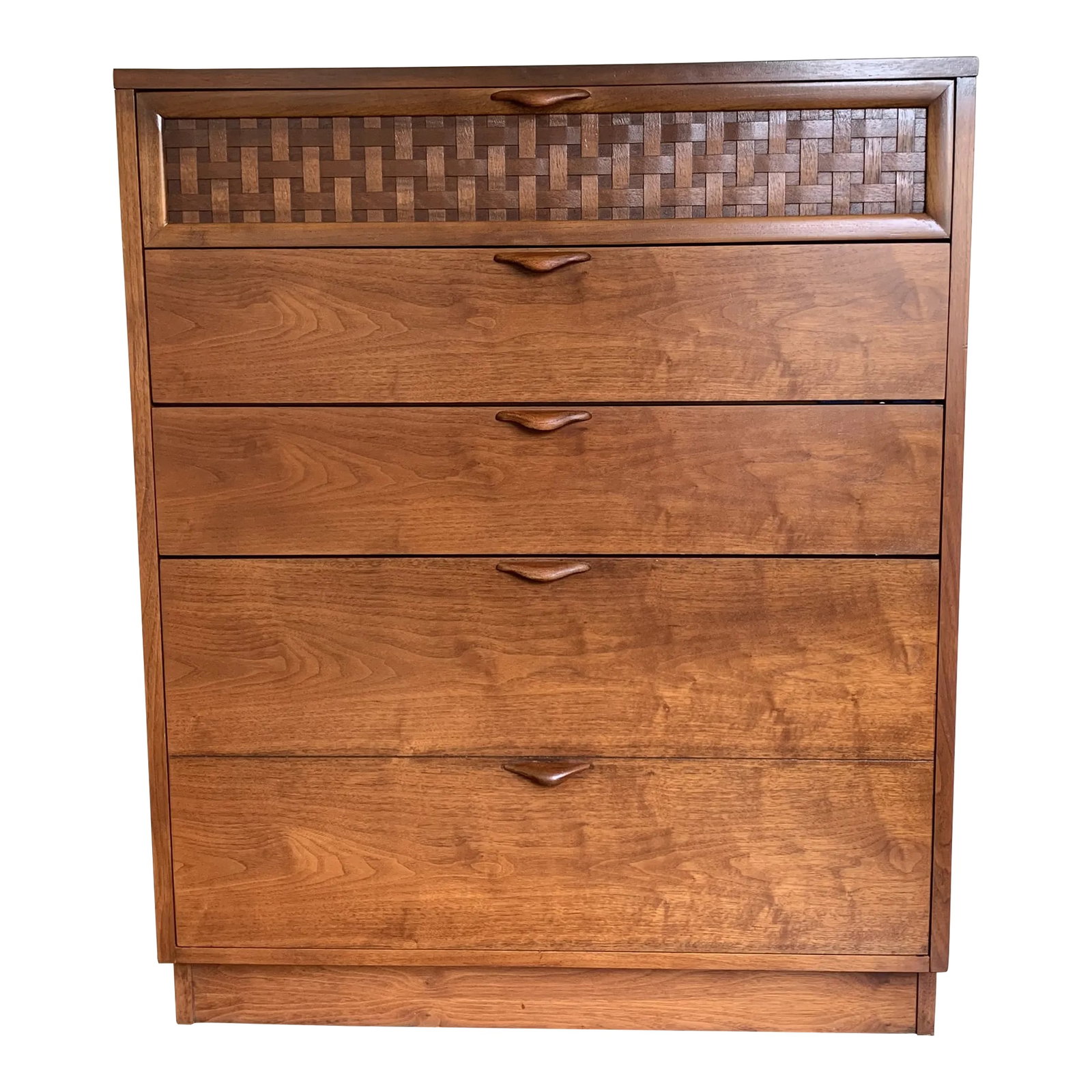 1960s Mid-Century Modern Lane Perception Chest of Drawers in Walnut: We are pleased to present this walnut high-boy dresser By Lane. Designed by Warren Church, this is less common subline for Perception called "Perception Teen Mates" was produced in 1964. The body,