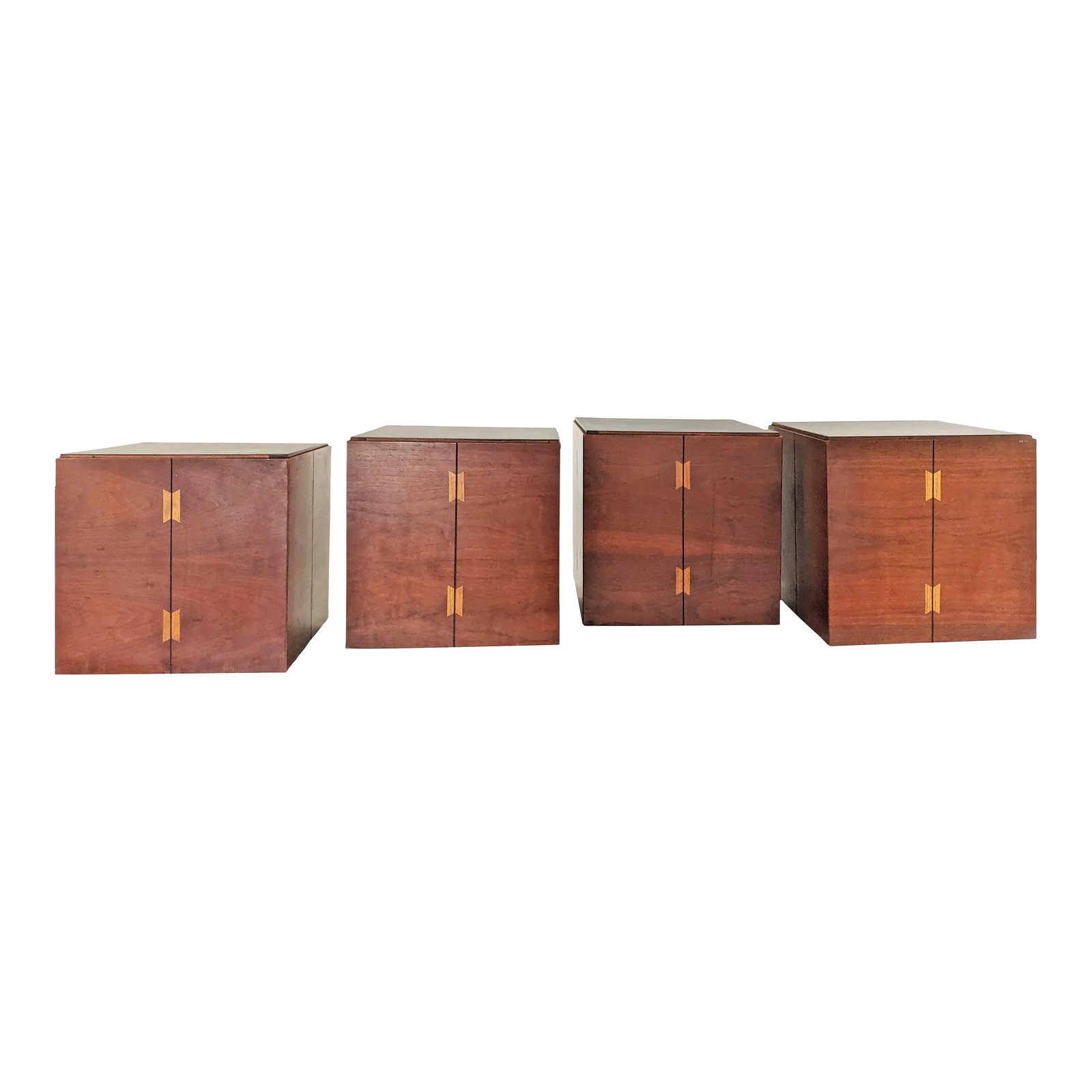 Vintage Set of 4 Modern Walnut Cubes Side Tables by Lane Furniture: Vintage set of four Mid century Modern side tables, each table features a perfect cubed shape with a vintage butterfly joint, manufactured by Lane Furniture, Altavista VA Simple and sleek design with
