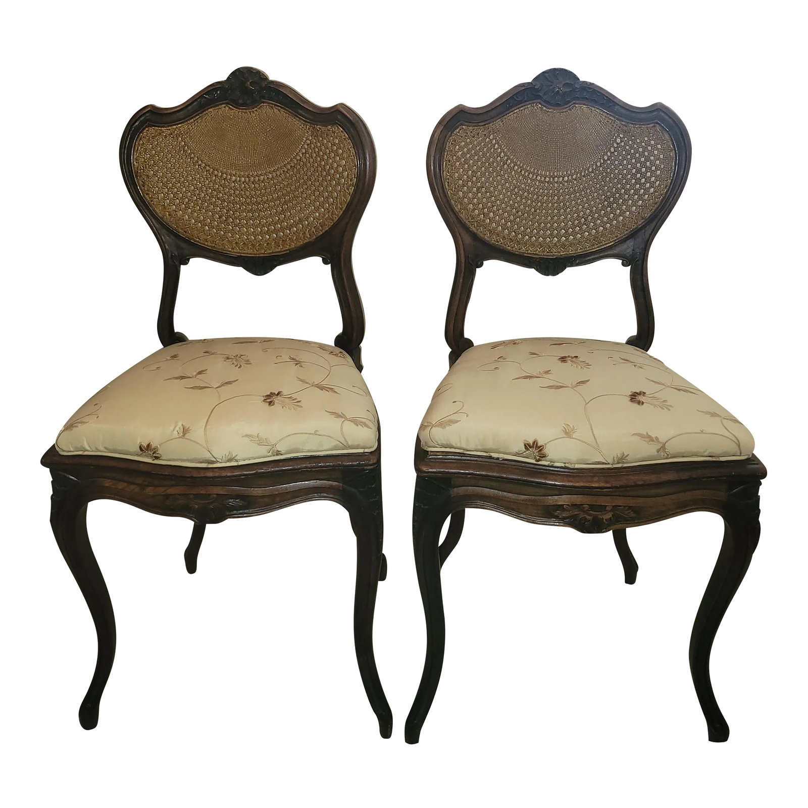Antique Set of 2 French Accent Petite Chairs: Petite Antique Chair French. Amazing detail in Caning. Pair Can be used as art on a wall or fireside chairs. Condition: Alterations: Original Condition Unaltered Imperfections: Needs Restoration Condi