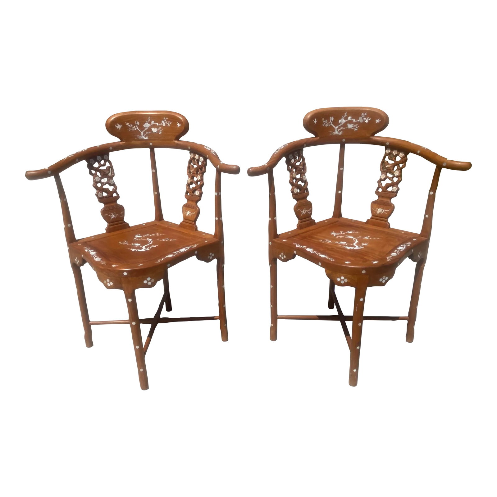 Vintage Mid-Century Asian Hardwood Side Corner Chairs With Mother of Pearl Inlay - Set of 2: Fabulous Vintage Asian Hardwood Side Chairs With Mother of Pearl Inlay. These chairs are in good vintage condition with minimal signs of use. The mother of pearl inlay design brings a unique look to
