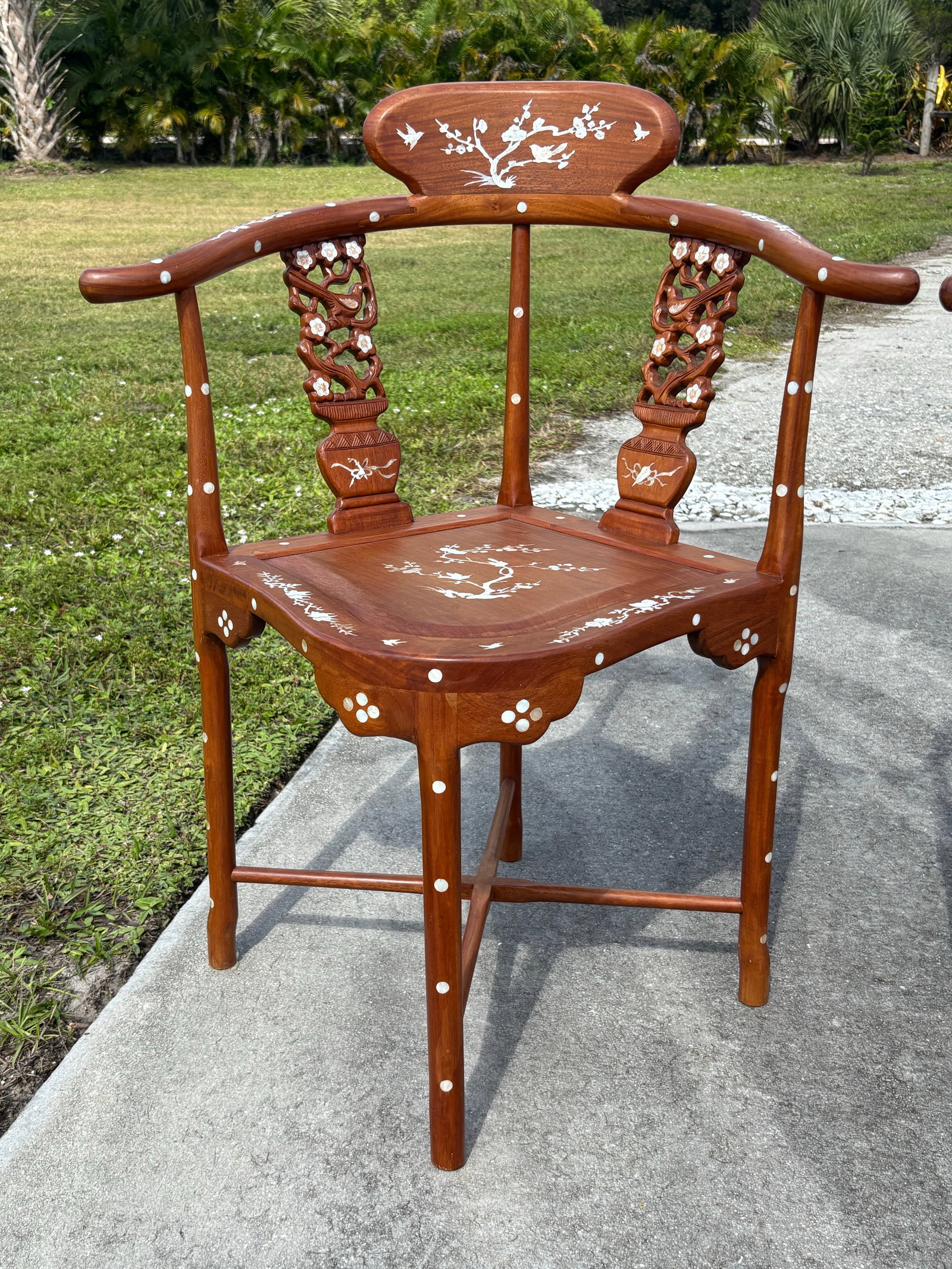 Vintage Mid-Century Asian Hardwood Side Corner Chairs With Mother of Pearl Inlay - Set of 2 - 2