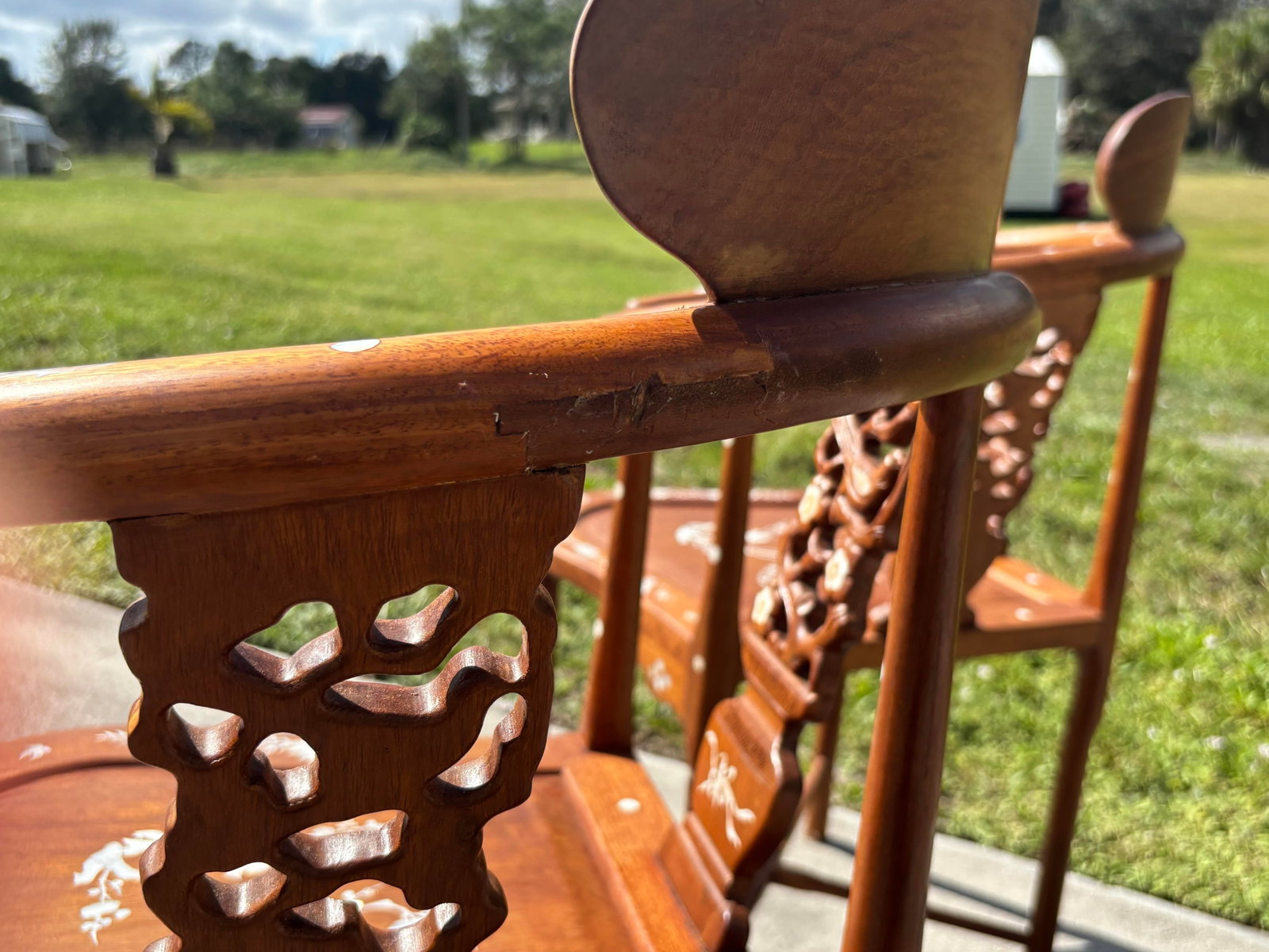 Vintage Mid-Century Asian Hardwood Side Corner Chairs With Mother of Pearl Inlay - Set of 2 - 6