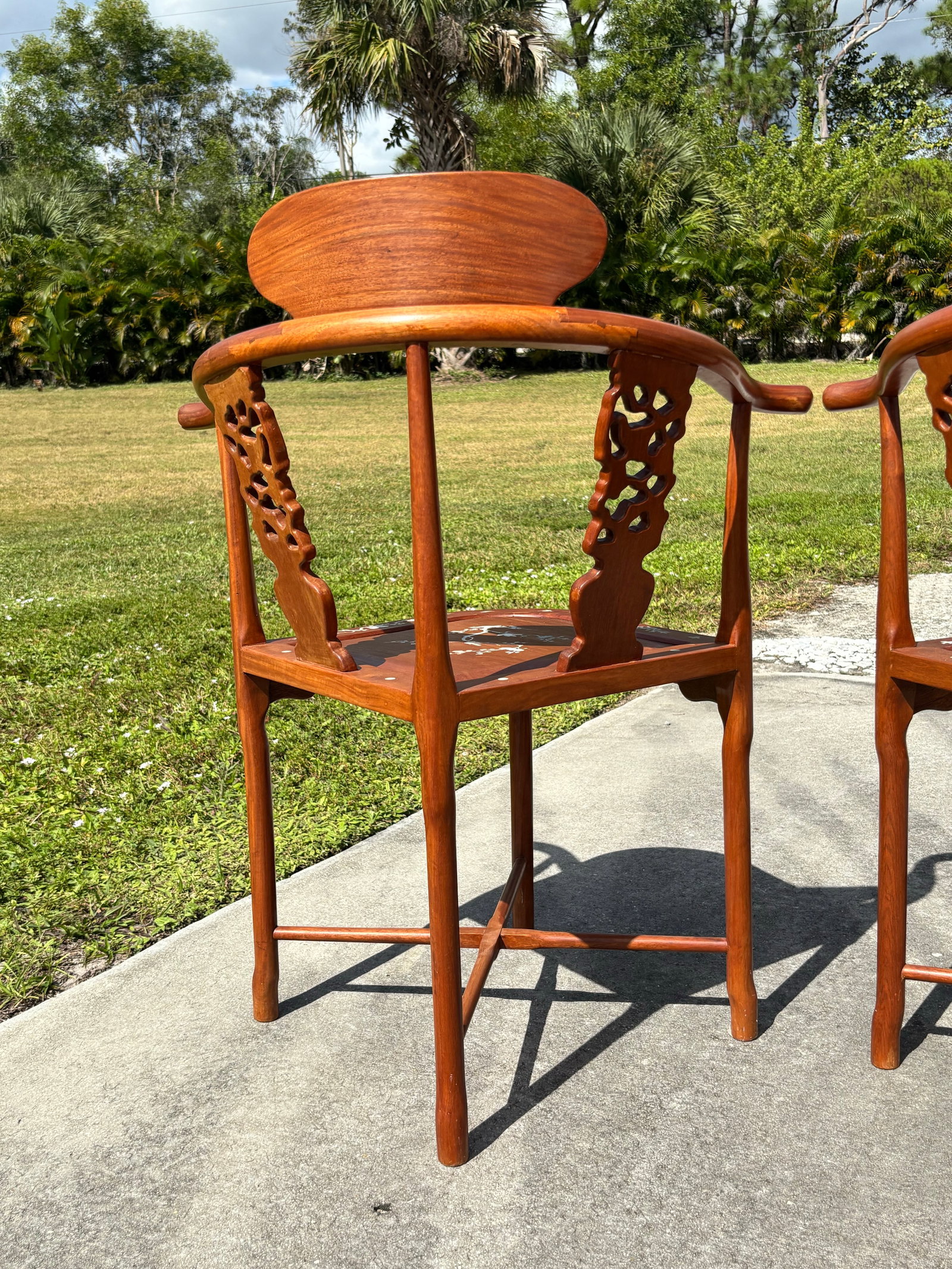 Vintage Mid-Century Asian Hardwood Side Corner Chairs With Mother of Pearl Inlay - Set of 2 - 8