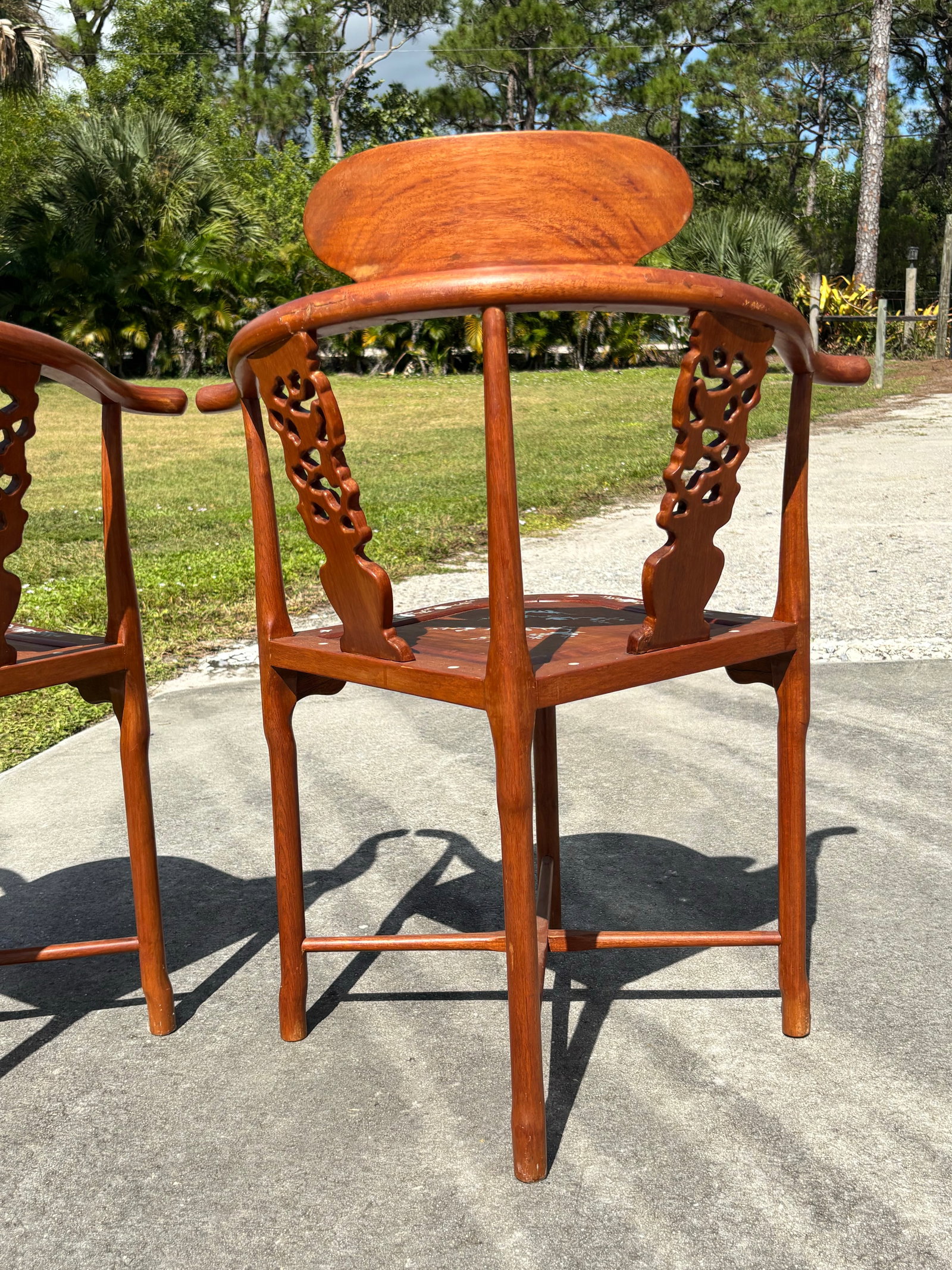 Vintage Mid-Century Asian Hardwood Side Corner Chairs With Mother of Pearl Inlay - Set of 2 - 9