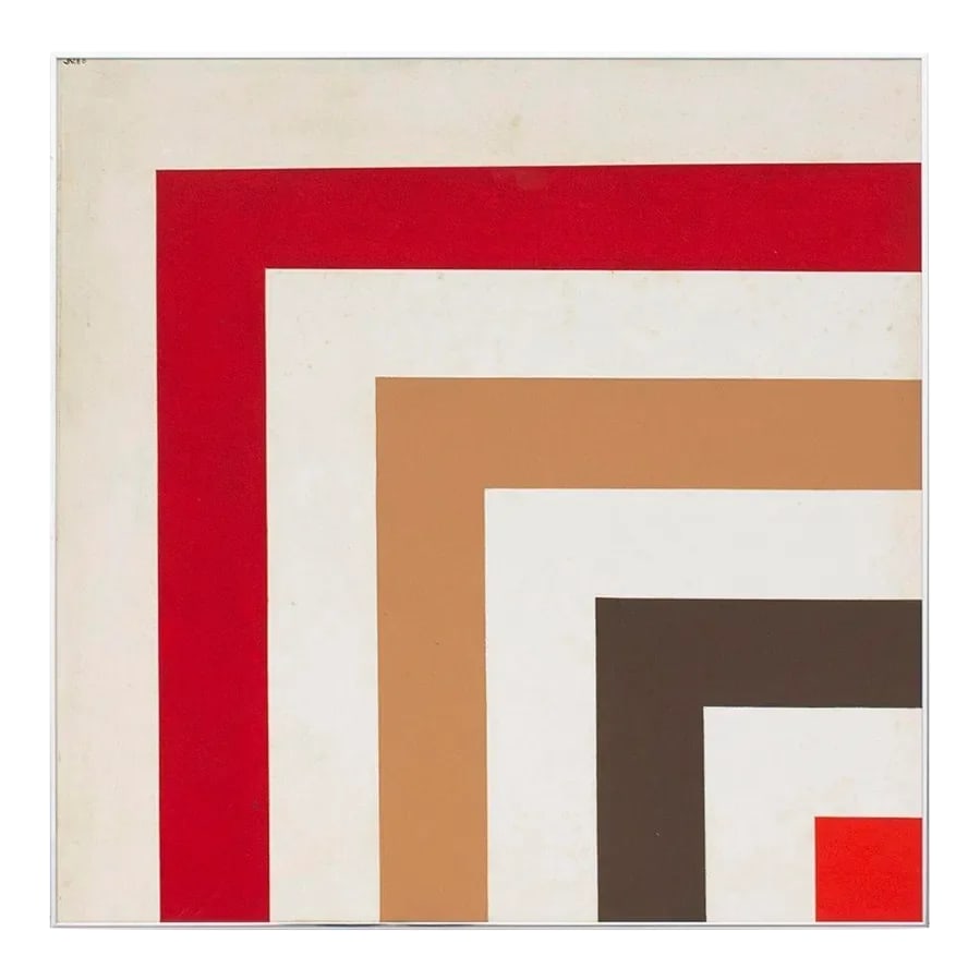Vintage C.1980 Hard Edge Abstract Geometric Acrylic Painting Signed j.v. 80, 40x40: USA, 1980 Vintage hard edge abstract acrylic painting signed J.V. '80. Fun geometric style in red, caramel, and dark brown on a cream background, framed in silver. The mount is currently at one