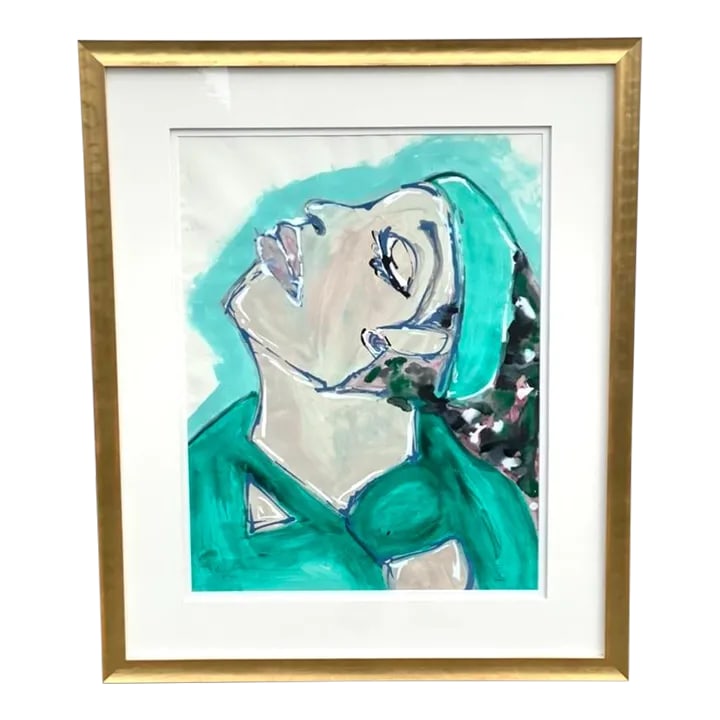 "Candy Perfume Girl" Contemporary Original Framed Mixed Media Expressionist Portrait Painting by Zac: "Candy Perfume Girl" is an original mixed media portrait by Zac Woodiel. The painting features a woman's profile in various shades of blues and greens with hints of pink. The painting is made of a