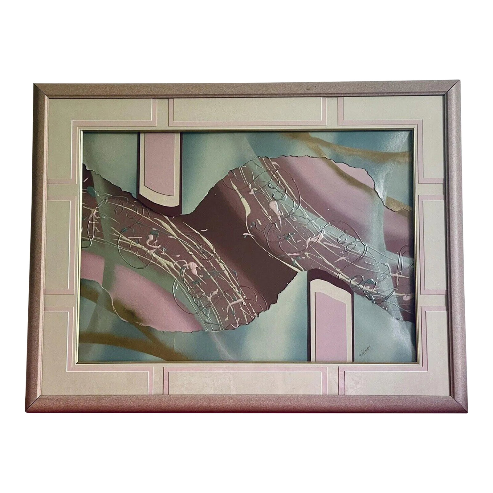Late 20th Century Postmodern Abstract Mixed-Media Painting Signed Walcutt, Framed: PALM BEACH ESTATE FIND!! Epic 1980s 1990s one of a kind Postmodern Mixed Media abstract. Swirls of mauve, sea foam green, silver and gold. Signed WALCUTT lower right. This piece has everything: cut