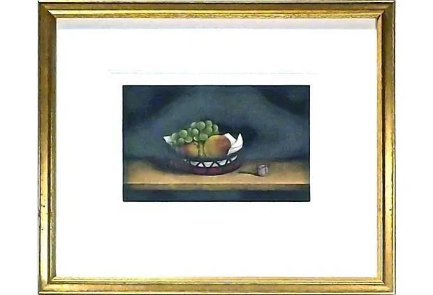 Vintage Fruit Still Life Lithograph Print: This vintage still life, lithograph print, depicts a bowl of fruit on a table with a rose. Made out of wood, glass, and paper it is signed "T. Yolk" and numbered 58/100 on the front lower left and rig