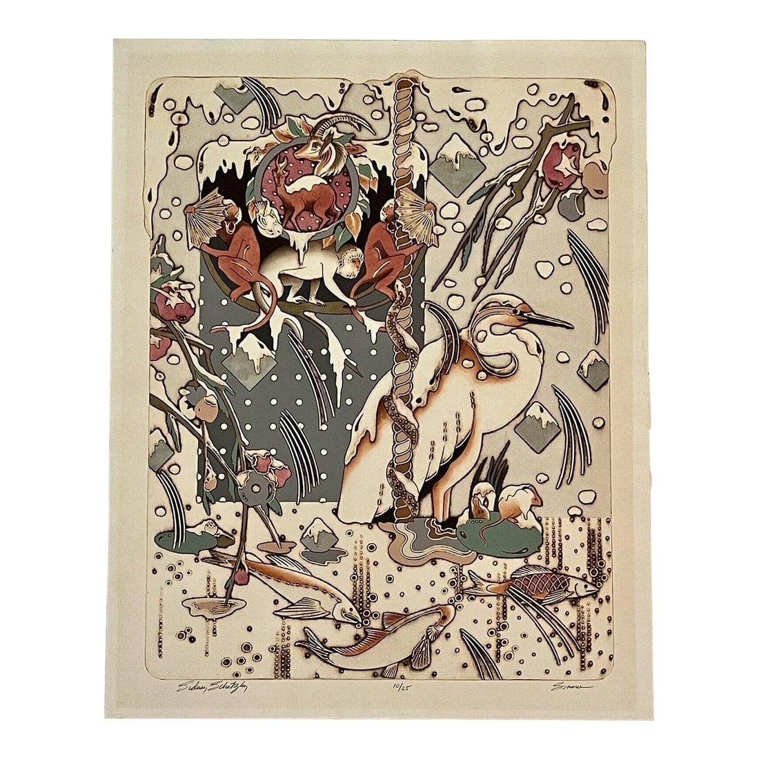 1980s "Snow" 10/25 Sidney Schatzky Hand Colored Limited Edition Collagraph: PALM BEACH ESTATE FIND!! "Snow" Sidney Schatzky collagraph with intaglio, circa 70s 80s. Finely detailed limited edition print numbered 10/25. Monkeys, fish, birds, all sorts of animals represented.