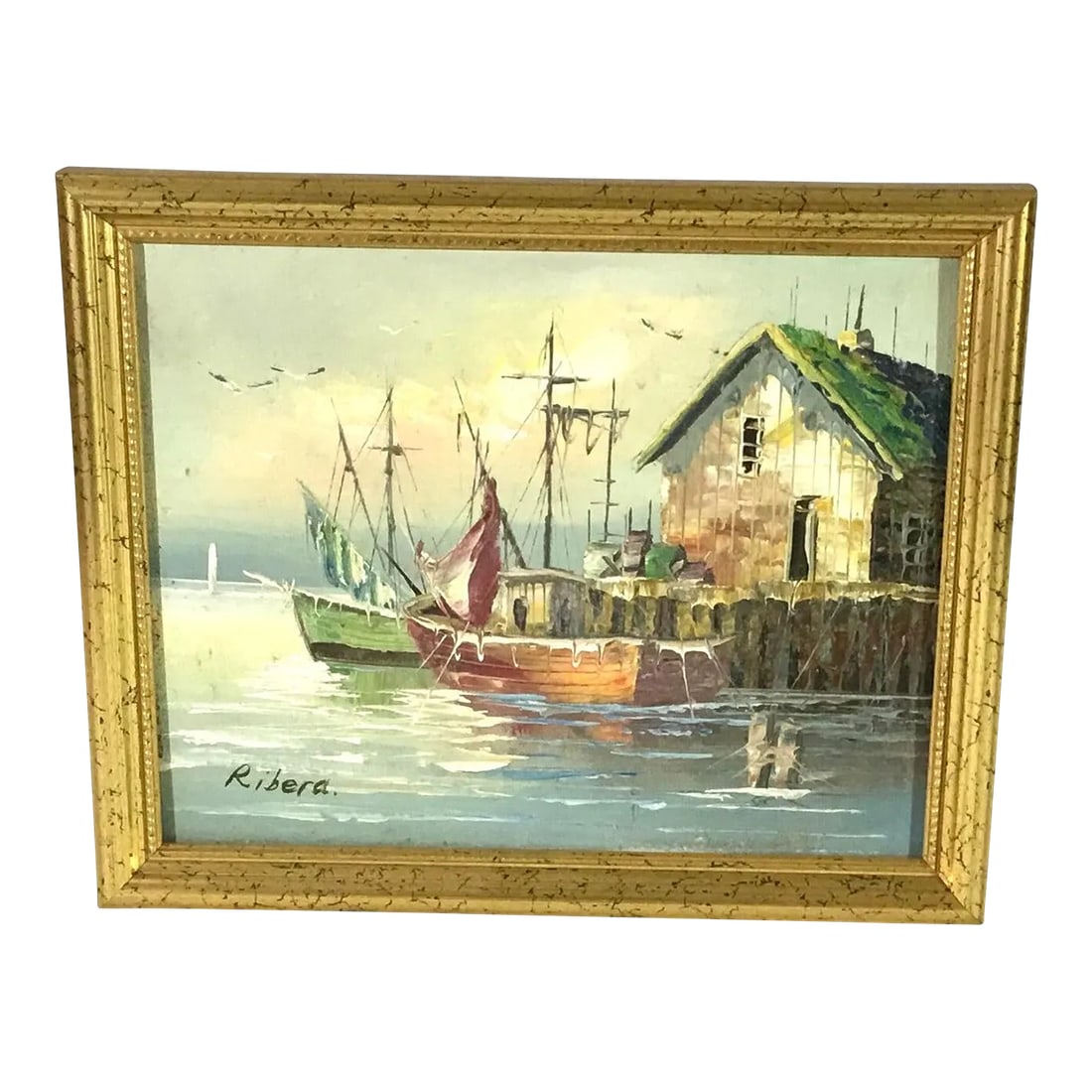1990s New England Wharf Scene Oil Painting on Board, Framed: Oil on board -signed -Ribera -no information on this artist-Davenports has a number of painters with that name -who painted in Europe -but this looks like a New England fishing village harbor/wharf