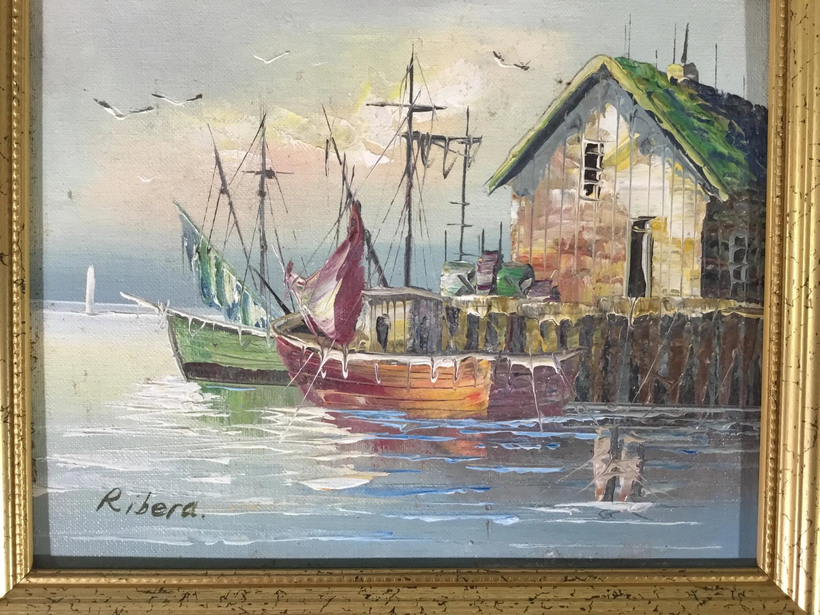 1990s New England Wharf Scene Oil Painting on Board, Framed - 2
