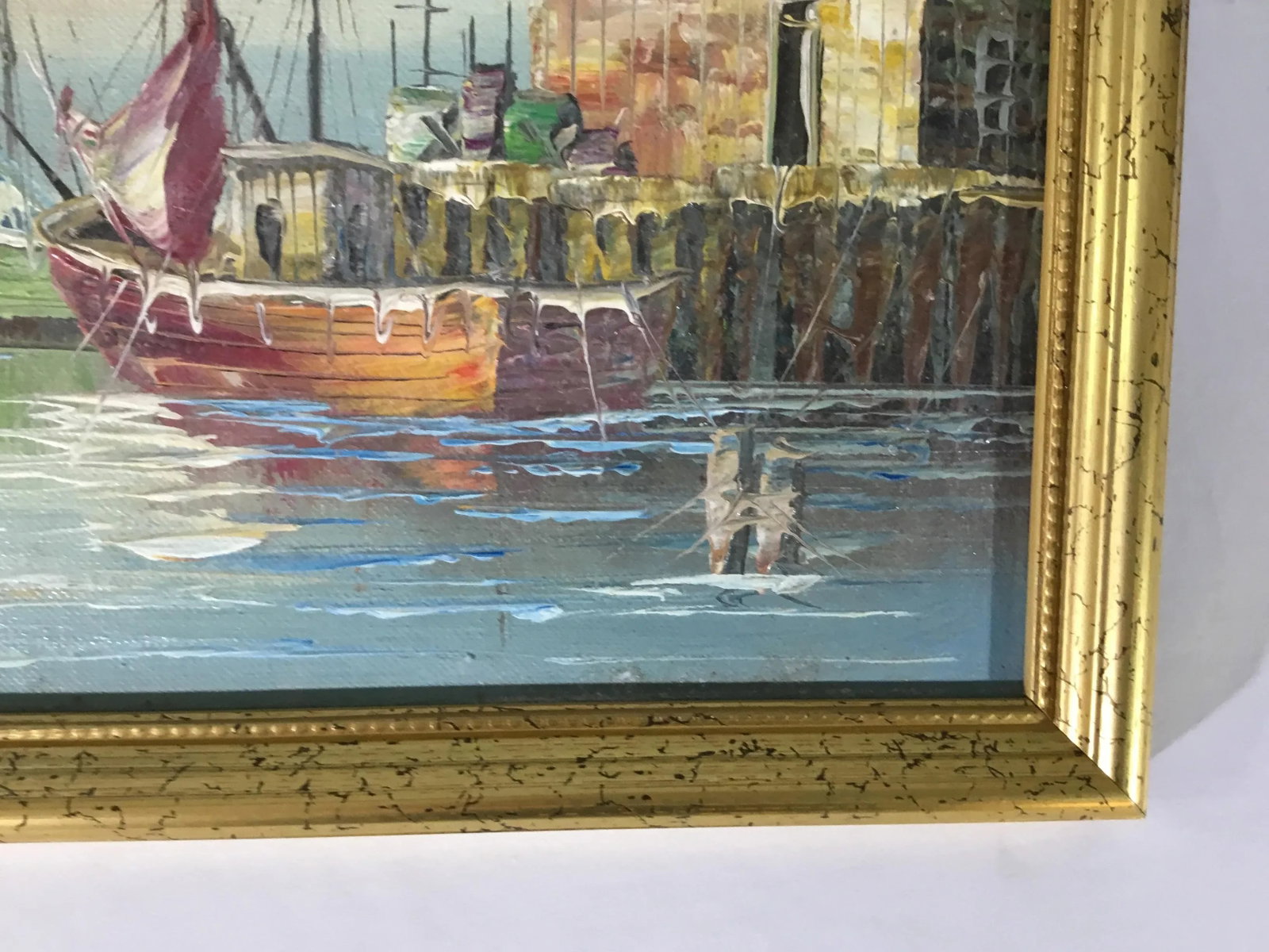 1990s New England Wharf Scene Oil Painting on Board, Framed - 3