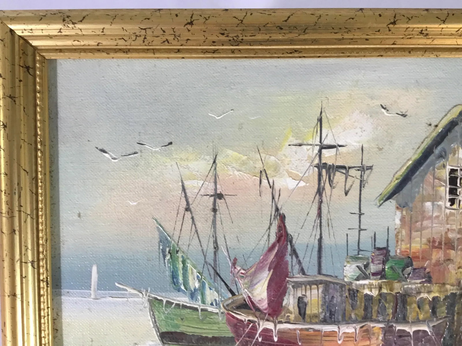 1990s New England Wharf Scene Oil Painting on Board, Framed - 4