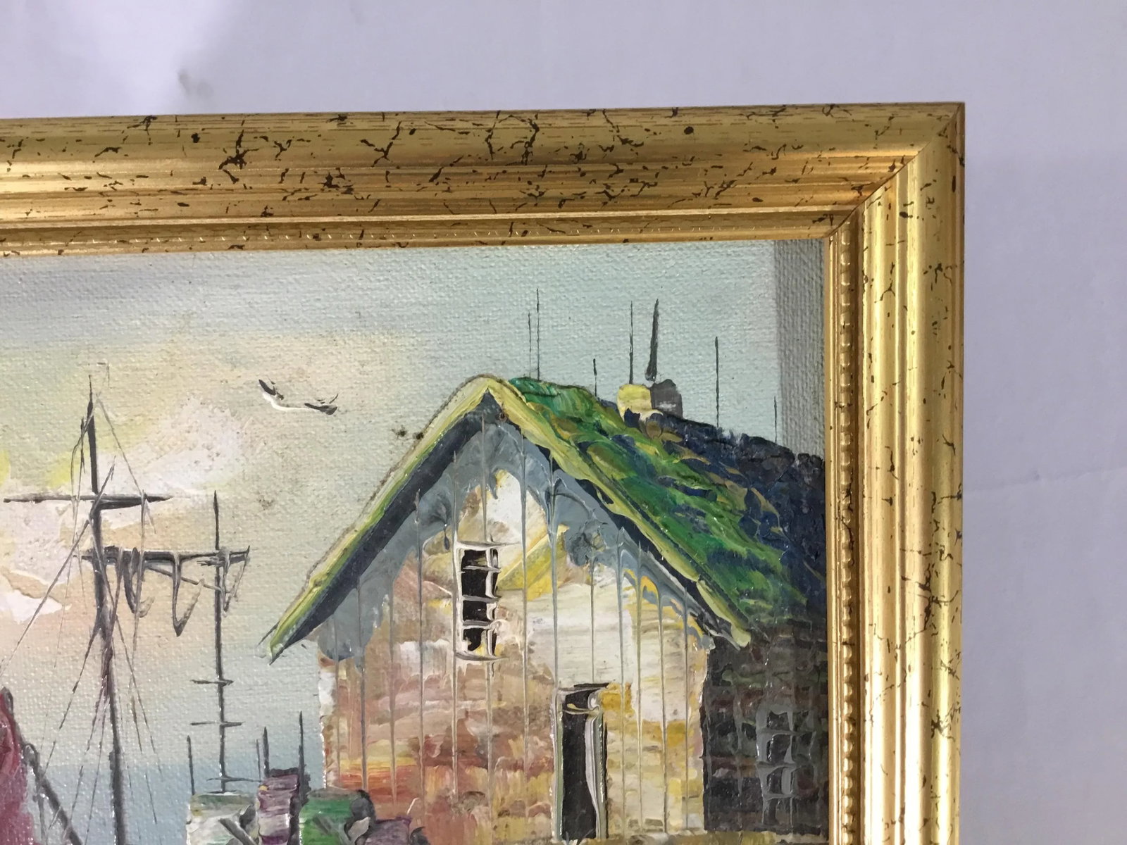 1990s New England Wharf Scene Oil Painting on Board, Framed - 5