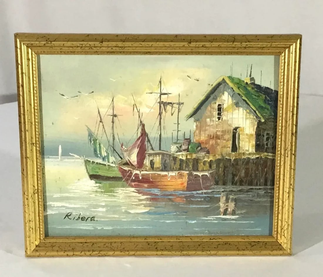 1990s New England Wharf Scene Oil Painting on Board, Framed - 7