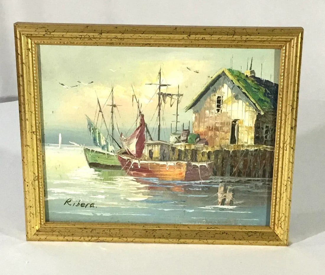 1990s New England Wharf Scene Oil Painting on Board, Framed - 8