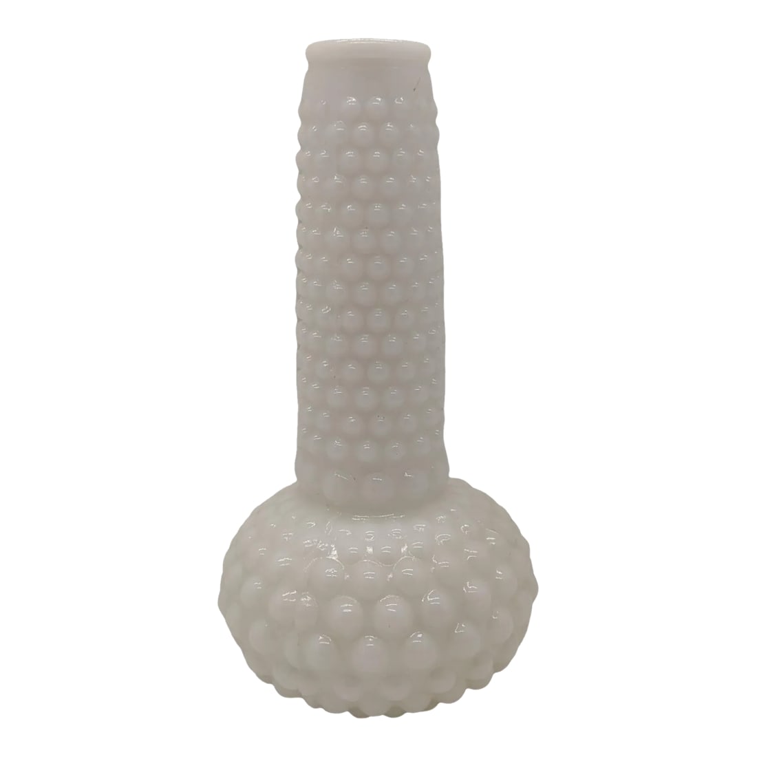 Vintage Hobnail Milk Glass Bud Vase: Vintage Hobnail Milk Glass Bud Vase. Stamped with the number 6 on bottom. Heavier than most. Perfect condition!! Measures 6.75 tall , 3.5 across base and 1" across top. Condition: Alterations:
