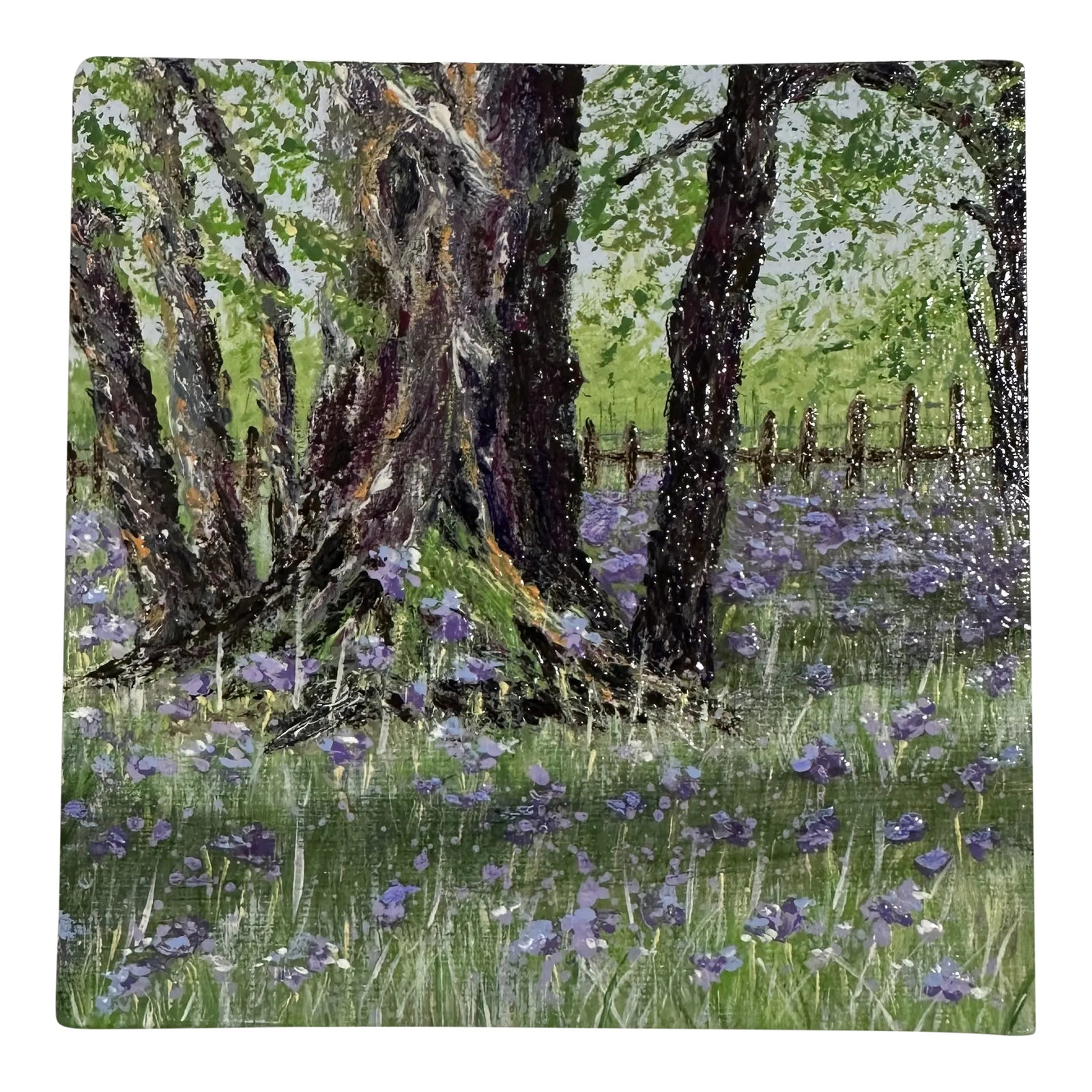 "Beauty Is Everywhere" Contemporary Original Impressionist Style Landscape Painting by Deb Bossert: This lovely nature scene landscape painting is titled "Beauty is Everywhere" and is size 6" x 6". This unique art depicts a wonderful scene with a group of trees and a picket fence in the background