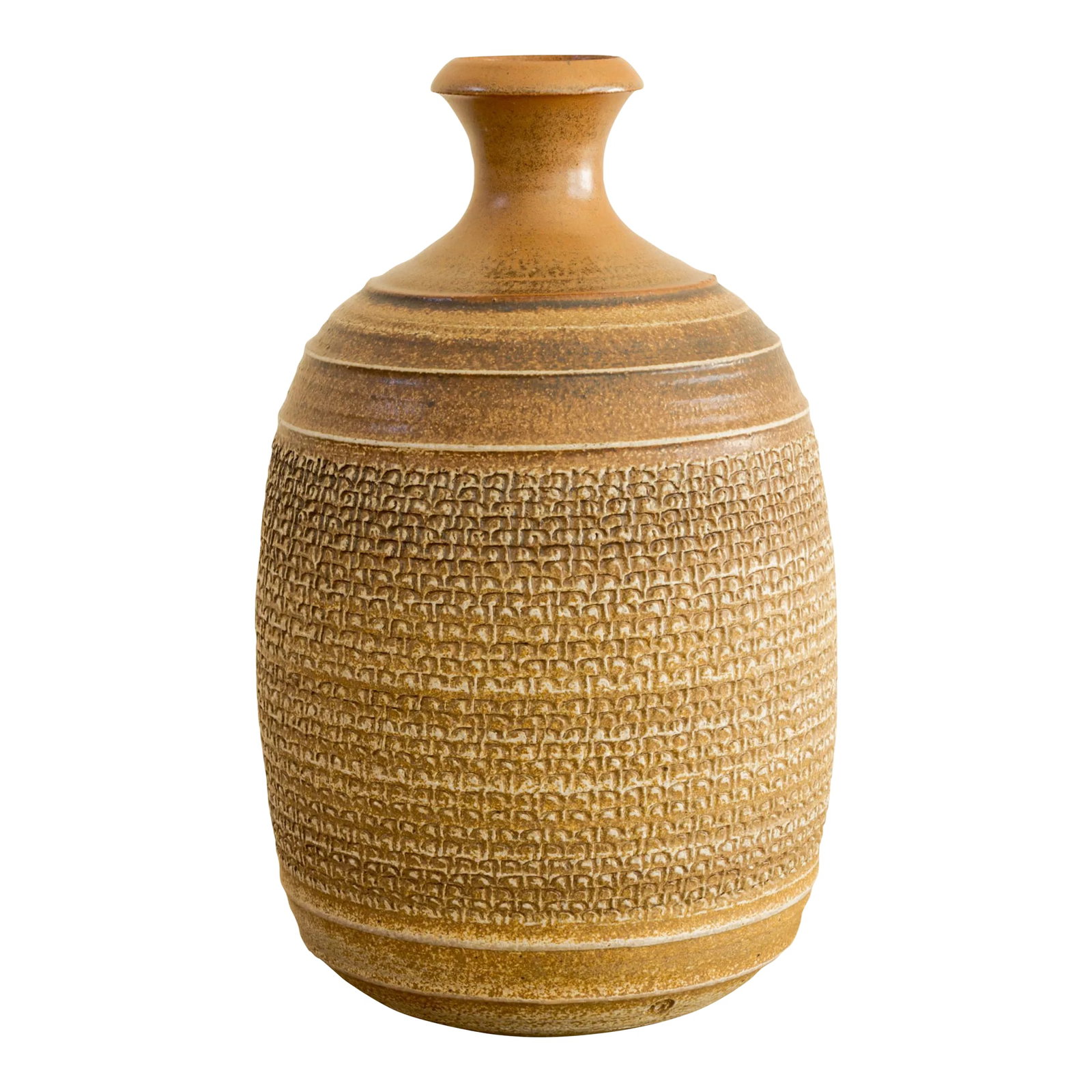 1960s Bob Kinzie | Relief Texture Vessel: Magnificent, large stoneware vessel with relief pattern in sienna glaze, by Bob Kinzie, stamped, United State circa 1960's. Condition: Alterations: Original Condition Unaltered Imperfections: Some Imp