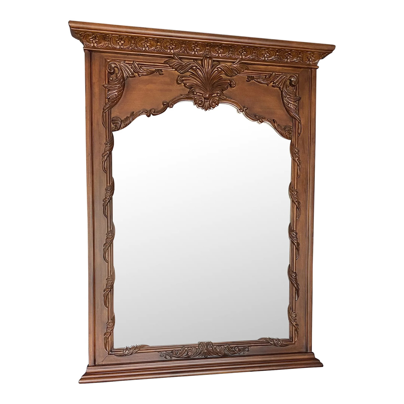 2000s American Drew Console Wall Mirror: An elegant verticals mirror with some carvings around it. Part of a romantic collection of the bedroom set of American Drew, designed by Jessica McClintock in 2000' Weight: 56 lbs Condition: