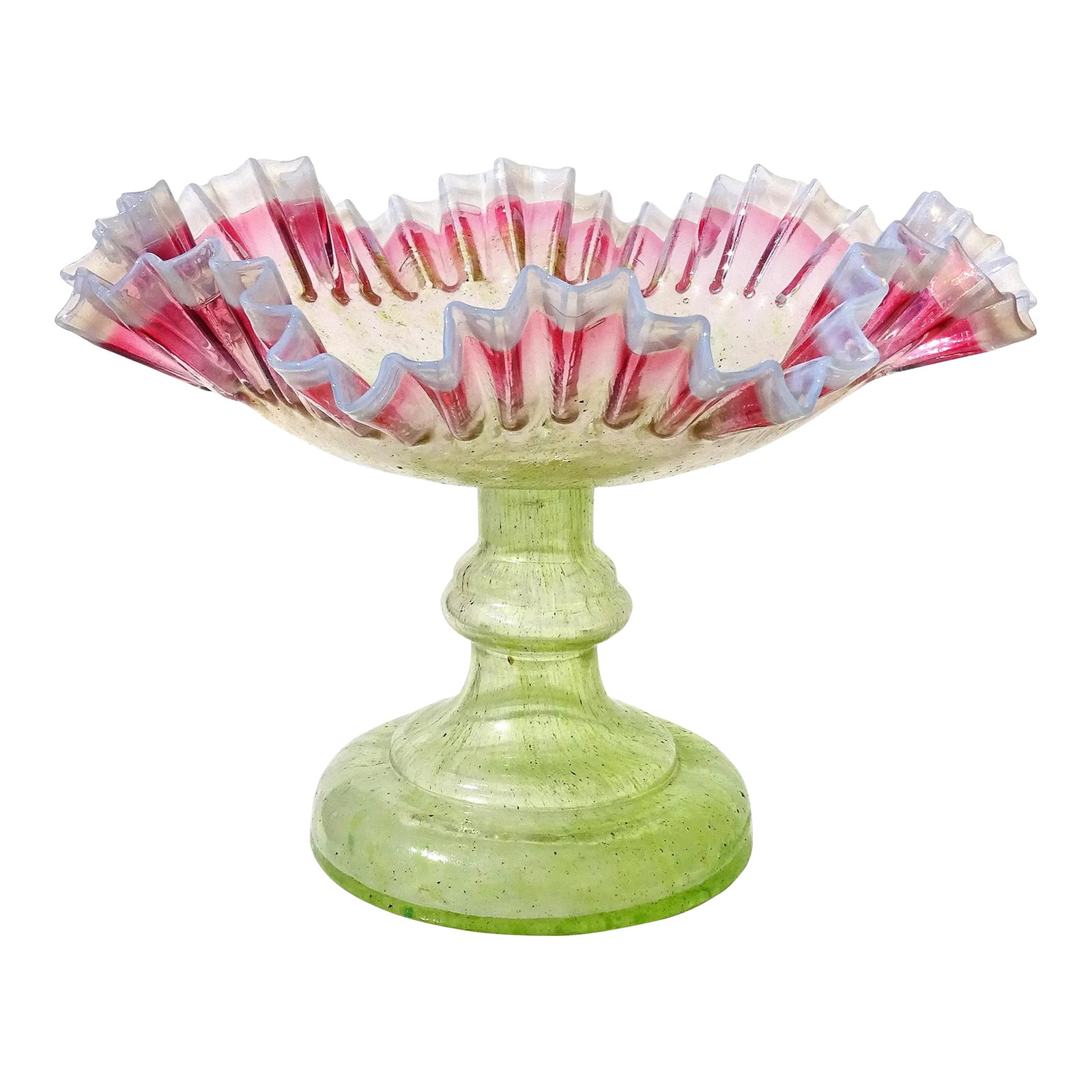 Antique Victorian Era Green Pink White Opalescent Crimped Rim Footed Flower Compote Bowl Vase: Beautiful, antique Victorian era, green, white and bright pink ruffle rim art glass footed flower vase. The green color made with little pigments of light and dark green inside the clear glass. The to