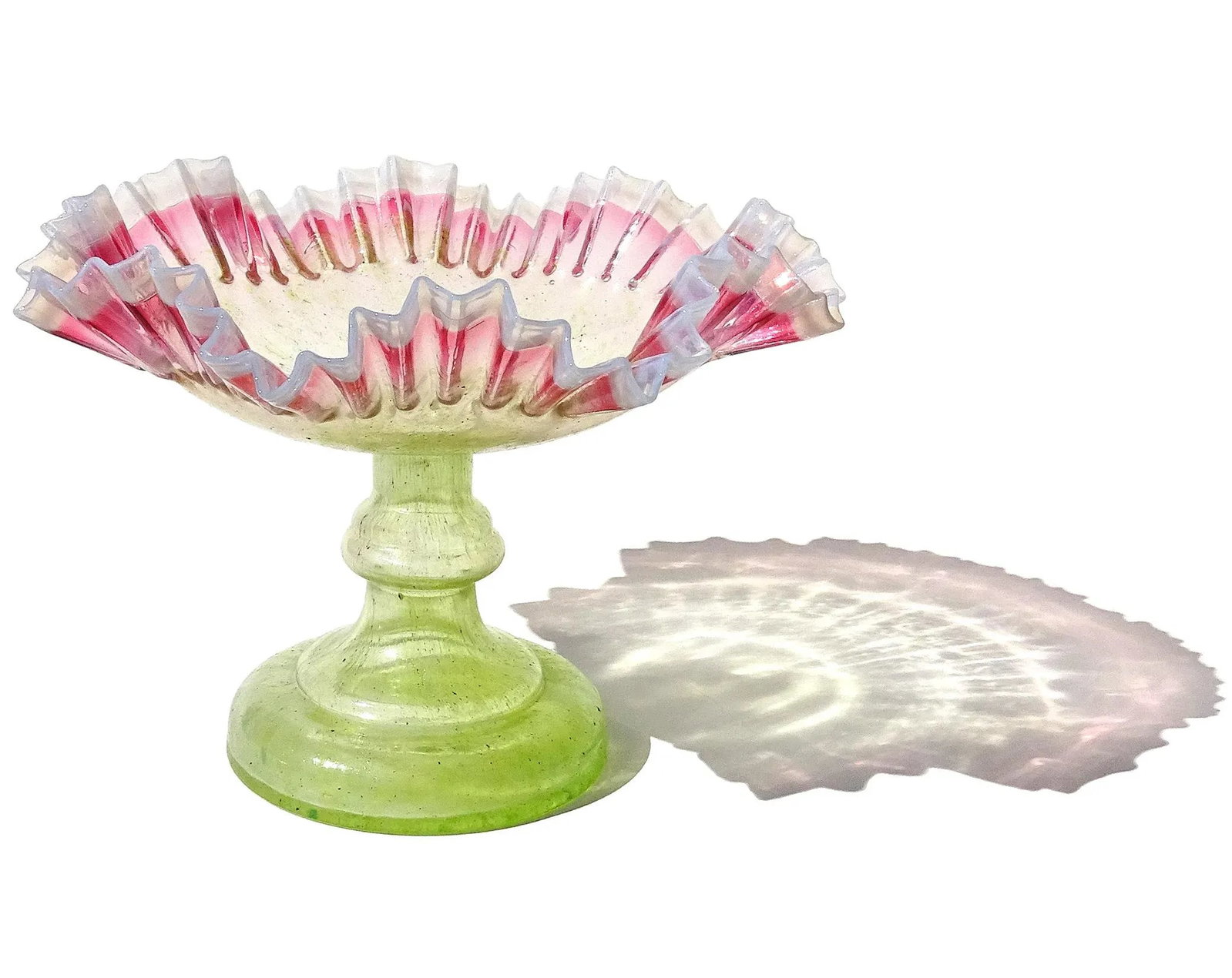 Antique Victorian Era Green Pink White Opalescent Crimped Rim Footed Flower Compote Bowl Vase - 2