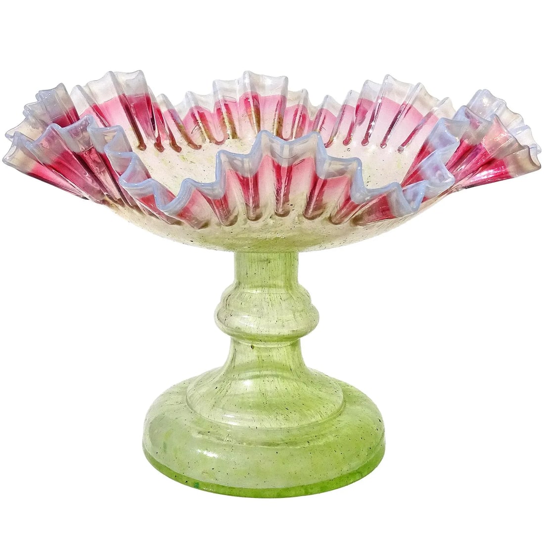 Antique Victorian Era Green Pink White Opalescent Crimped Rim Footed Flower Compote Bowl Vase - 9