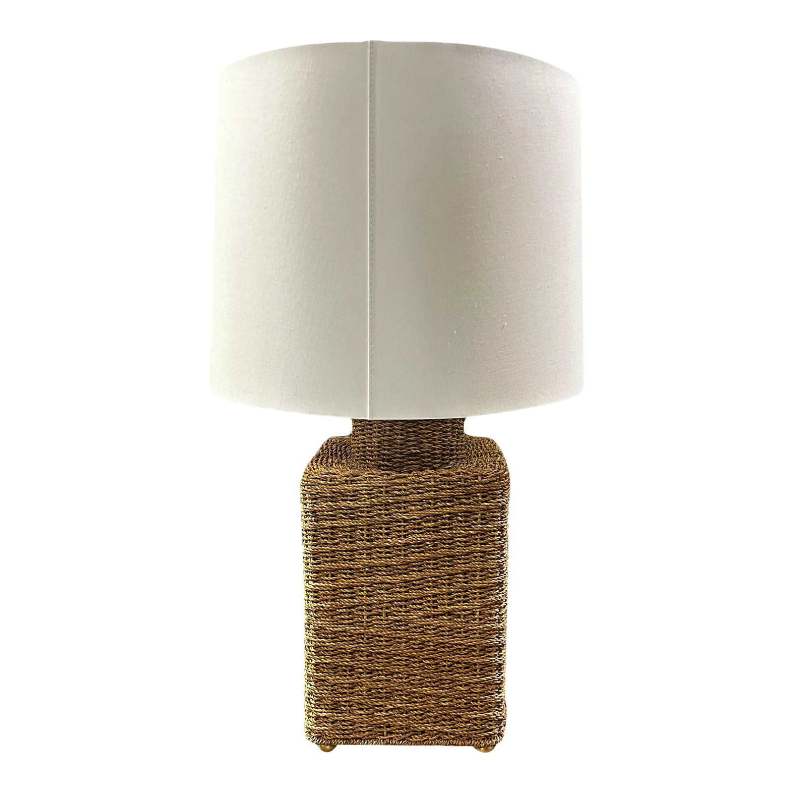 Hudson Valley Wicker Table Lamp: New in box rattan/wicker table lamp with white linen paper shade. Gold/brass ball feet. Condition: Alterations: Original Condition Unaltered Imperfections: Some Imperfections Condition Notes: Excellen