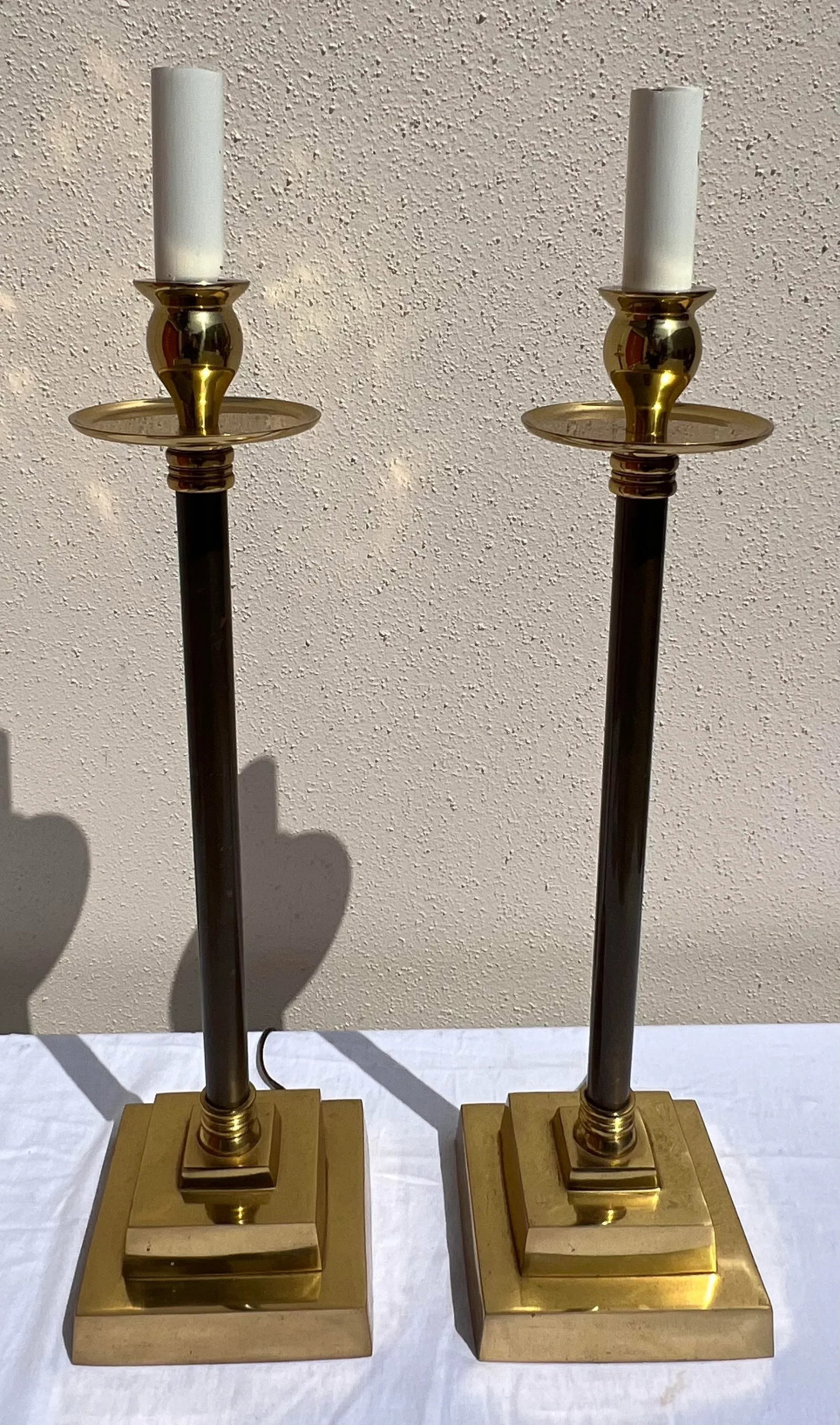 Pair of Vintage Mid 20th Century Tall Brass Lamps With Stepped Bases - 13