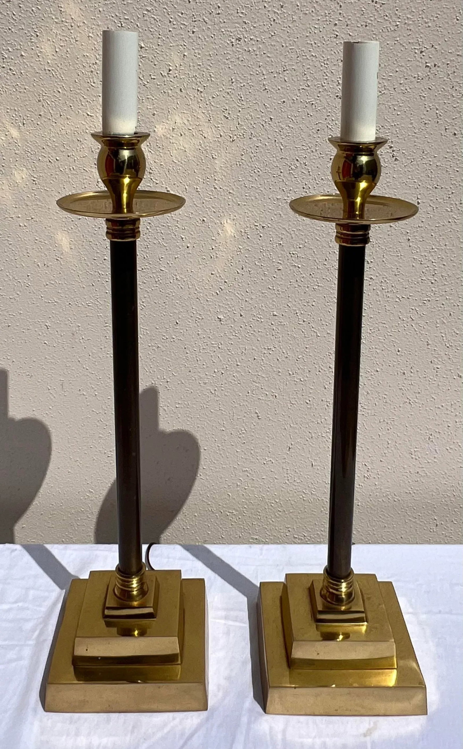 Pair of Vintage Mid 20th Century Tall Brass Lamps With Stepped Bases - 2