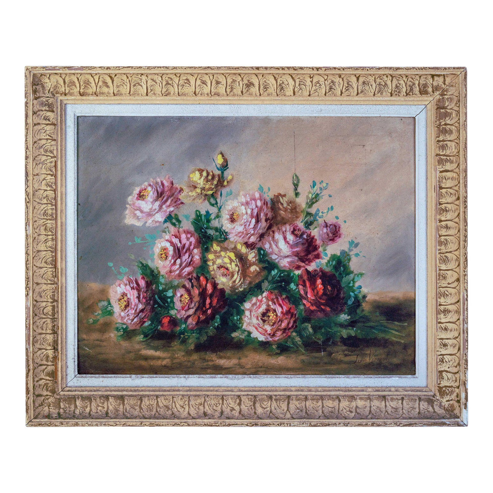 Early 20th Century Rose Still Life Oil Painting on Canvas, Framed: A vibrant oil on canvas still life by French artist Lucie Verneuil, circa 1920s, featuring a lush bouquet of red, yellow, and pink roses in full bloom. Signed "Lucie Verneuil" in the lower right corne