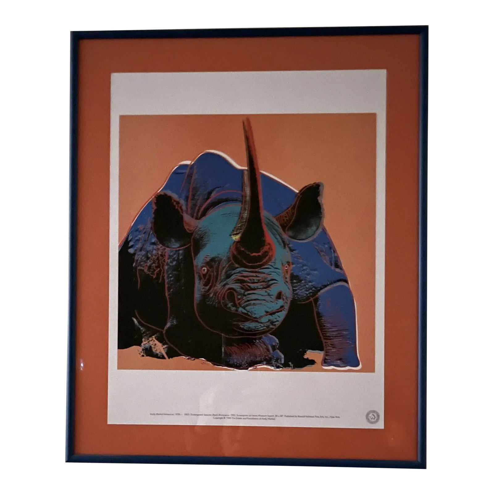 Andy Warhol Vintage 1989 Endangered Species Rhinoceros Framed Lithograph Print: Vintage Andy Warhol Endangered Species Framed Lithograph Print of a Rhino 1989. Gorgeous work and colors from Andy Warhol, rare and for a good price! It will come with a navy blue metal frame and an o