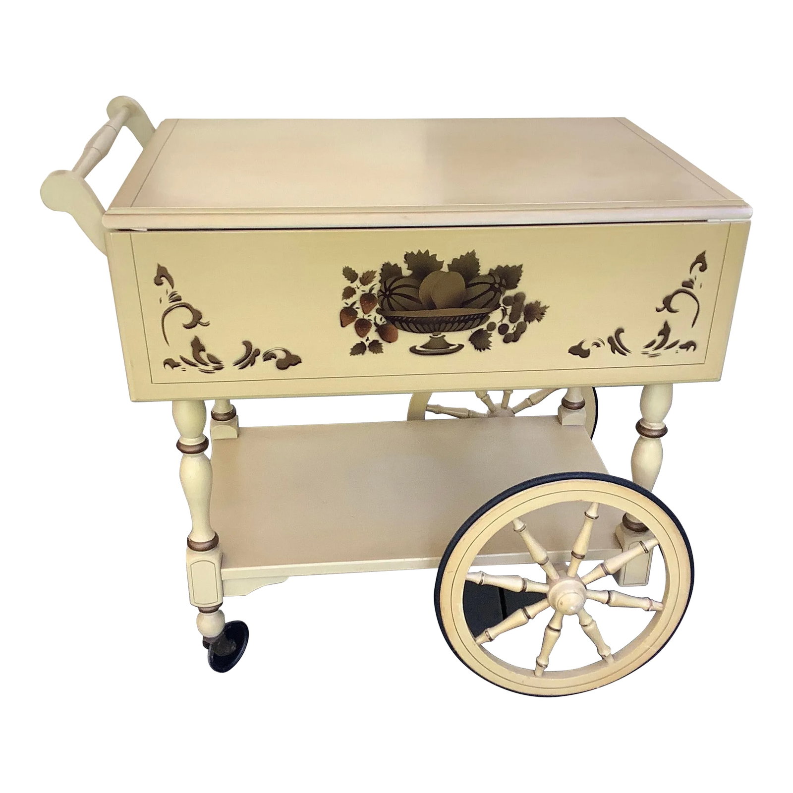 1950s Vintage Heywood Wakefield Tea Cart: Vintage Heywood Wakefield (Labeled) Bar cart. Drop sides, single drawer, and handle drops for easy concealing. Original Paint and stenciling is very impressive. Depth Measurement is with both leaves i