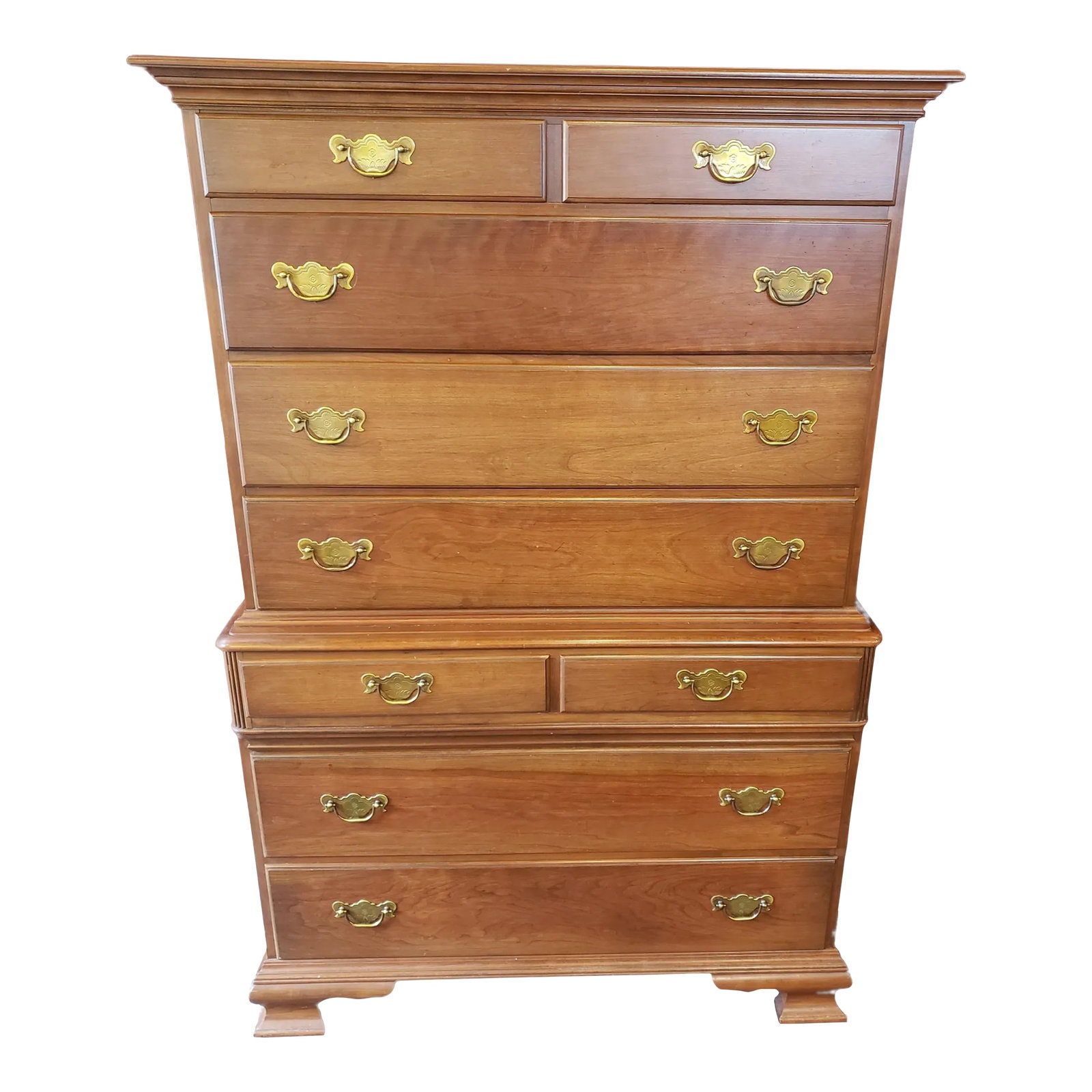Late 20th Century Pennsylvania House 9 Drawer Mahogany Highboy Chest of Drawers: This Pennsylvania House 9 drawer chest of drawers was crafted from mahogany to make a quality, traditionally styled piece that blends with a myriad of decor options. It features brass drop handle draw
