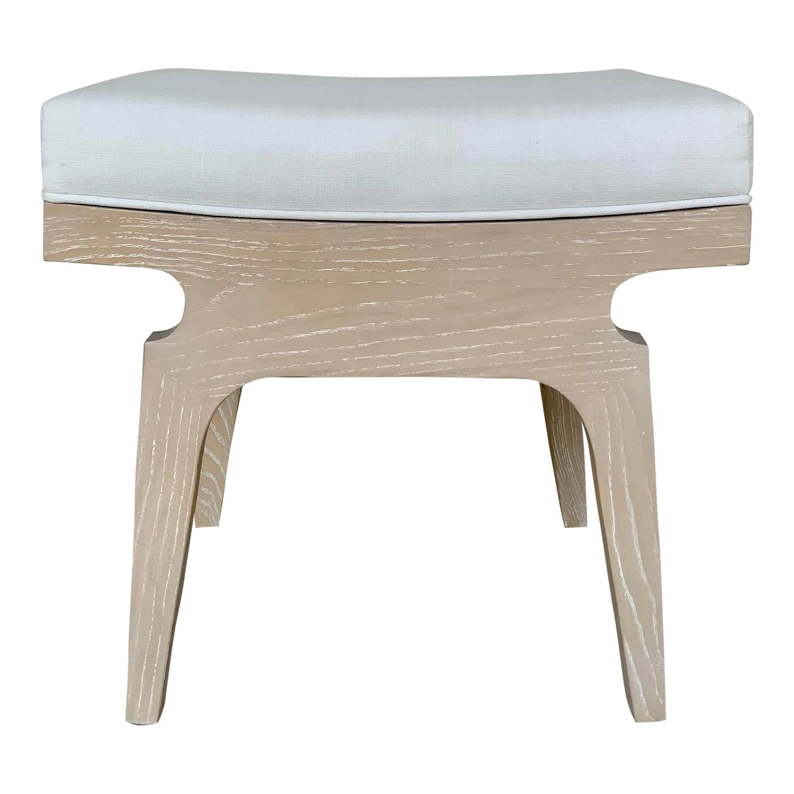 Worlds Away Organic Modern White Linen Fergie Stool: Original Retail $1248, stylish Worlds Away Organic Modern White Linen Fergie Stool, cerused oak finished wood base, showroom floor sample Condition: Imperfections: Some Imperfections Condition Notes: 