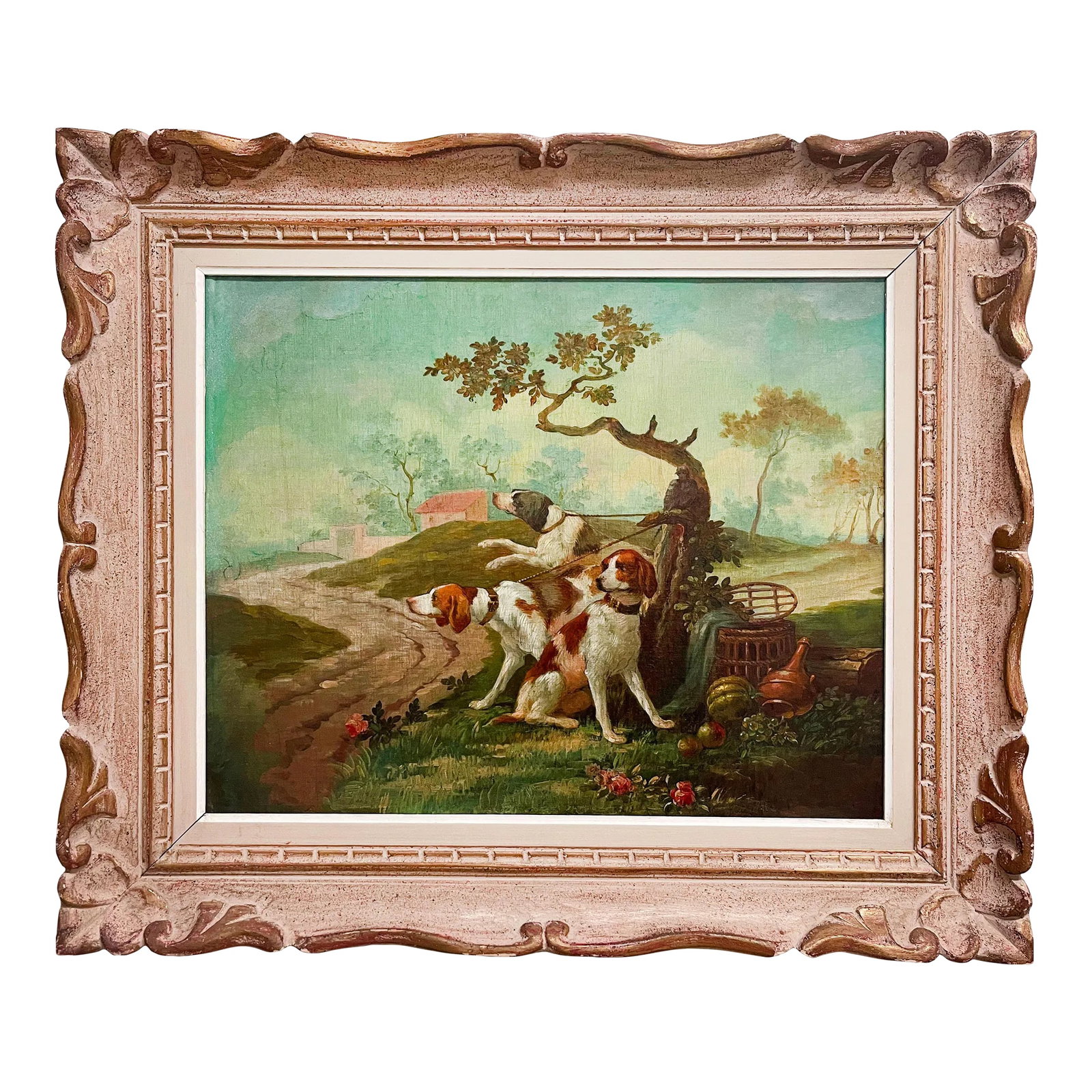 Oil on Canvas Painting of Leashed Hounds Tied to a Tree, France, 18th Century: Oil On Canvas Painting Of Leashed Hounds Tied To A Tree, France, 18th Century Follower Of Alexandre-Francois Desportes (Champigneule 1661-1743 Paris) Please Note: the frame is 1900 Frame: