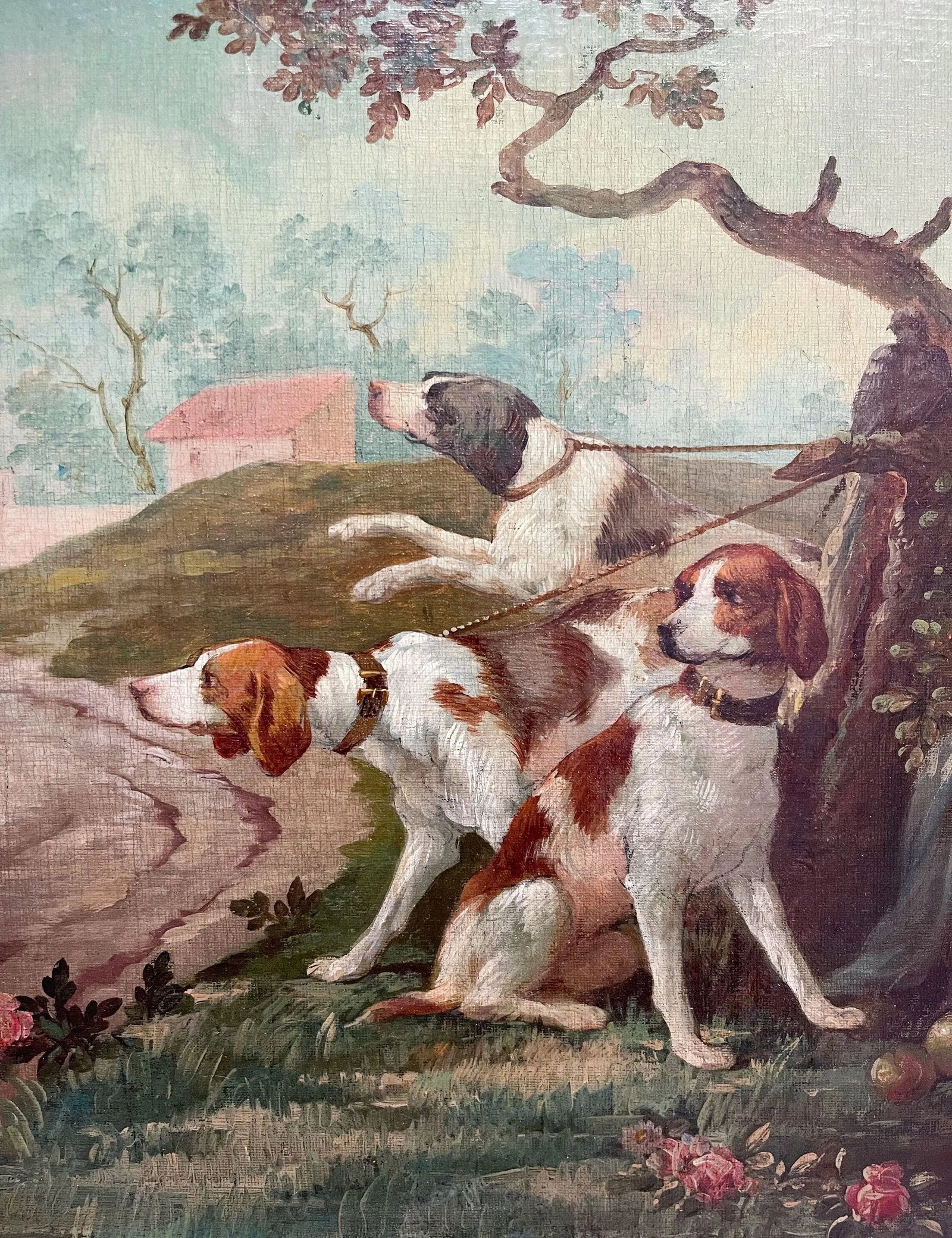 Oil on Canvas Painting of Leashed Hounds Tied to a Tree, France, 18th Century - 2