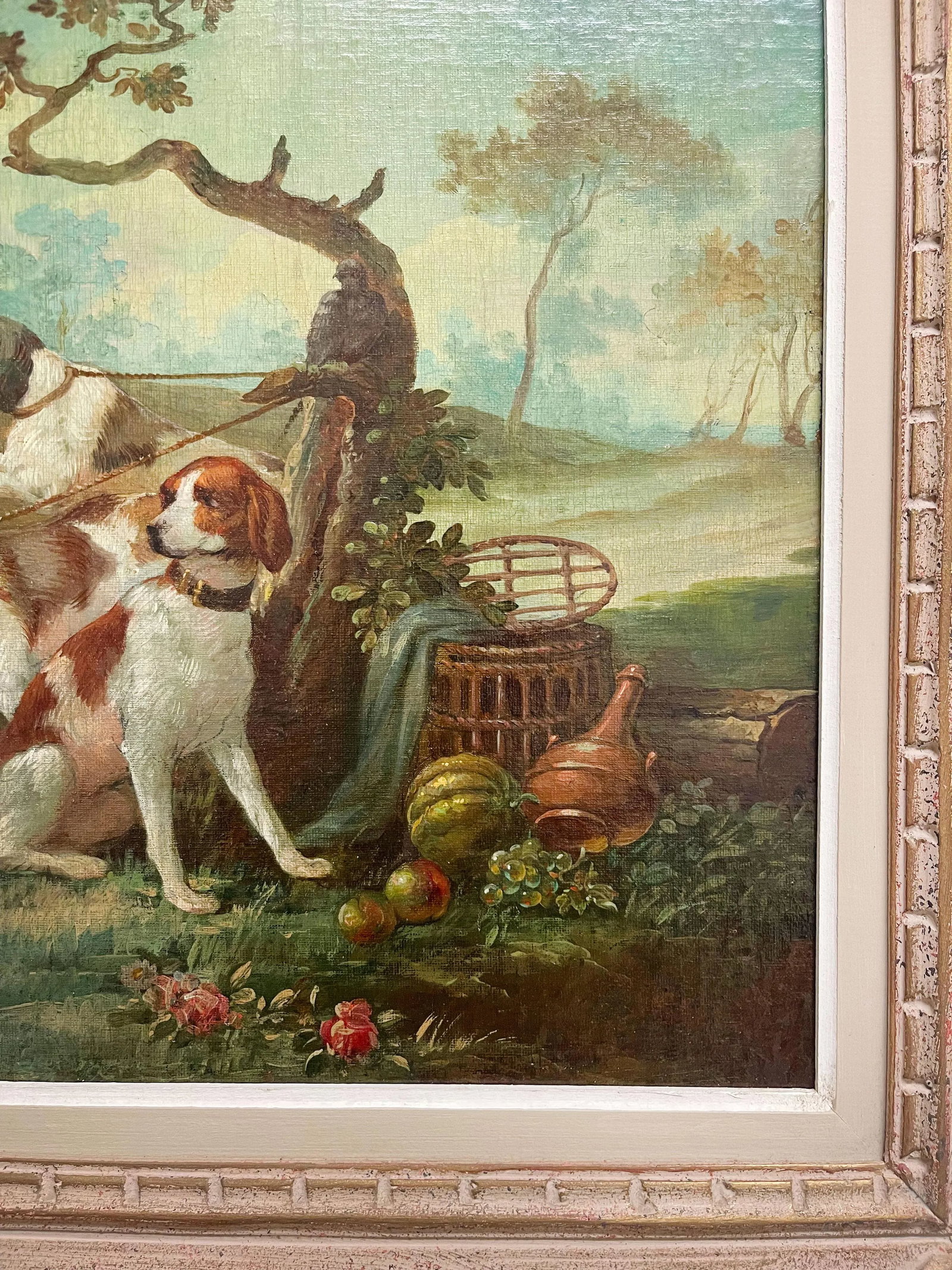 Oil on Canvas Painting of Leashed Hounds Tied to a Tree, France, 18th Century - 3