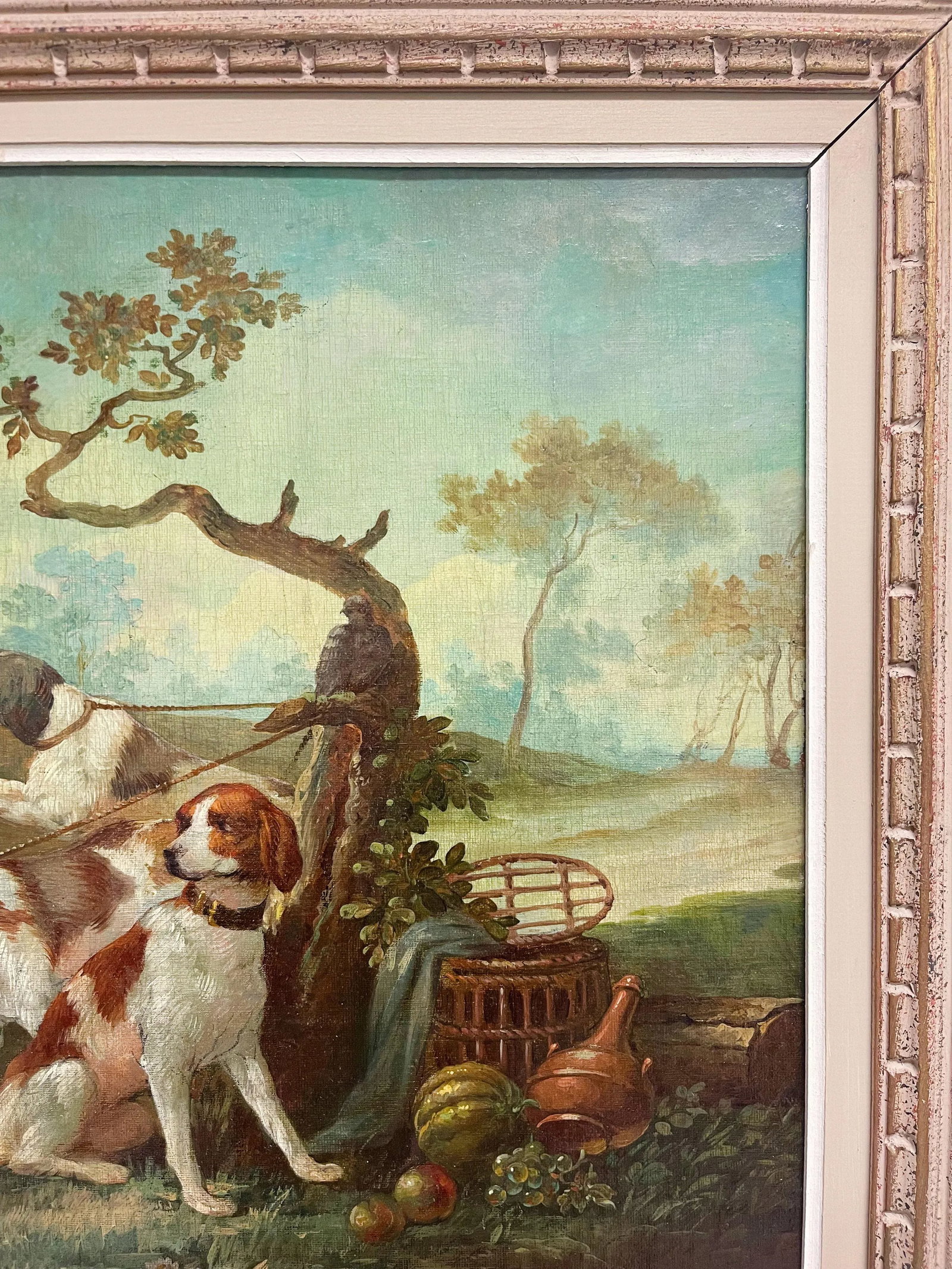 Oil on Canvas Painting of Leashed Hounds Tied to a Tree, France, 18th Century - 4