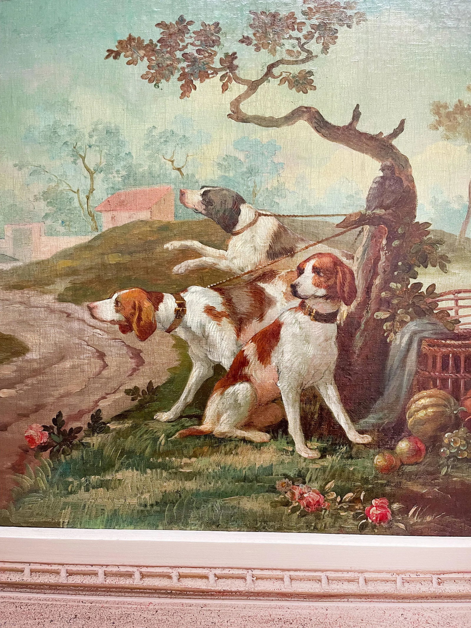 Oil on Canvas Painting of Leashed Hounds Tied to a Tree, France, 18th Century - 5