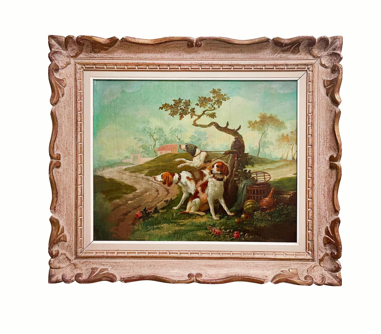 Oil on Canvas Painting of Leashed Hounds Tied to a Tree, France, 18th Century - 6