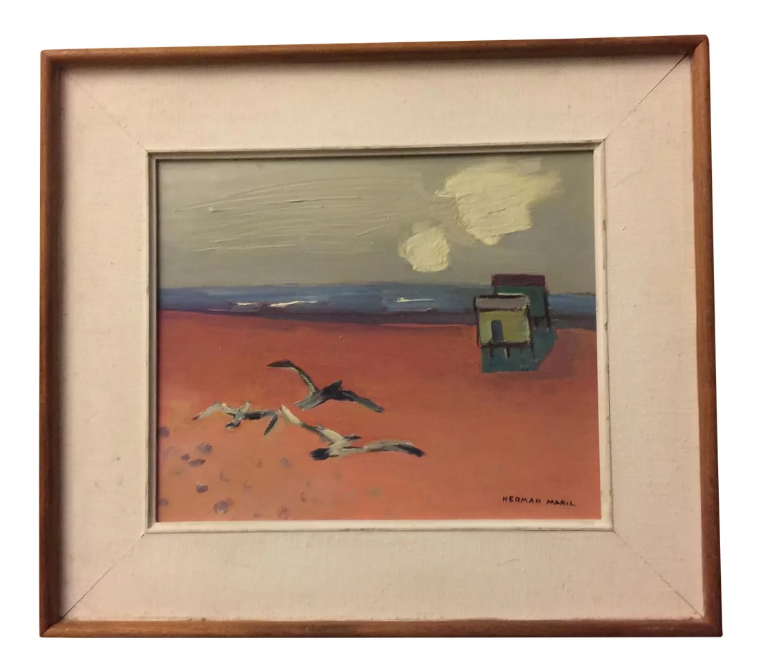 Mid-Century Oil Painting on Board: Herman Maril was a great americain artist painter His painting are in a collection of the major Museum On line informations will give you more details about this great artist Oil painting on board