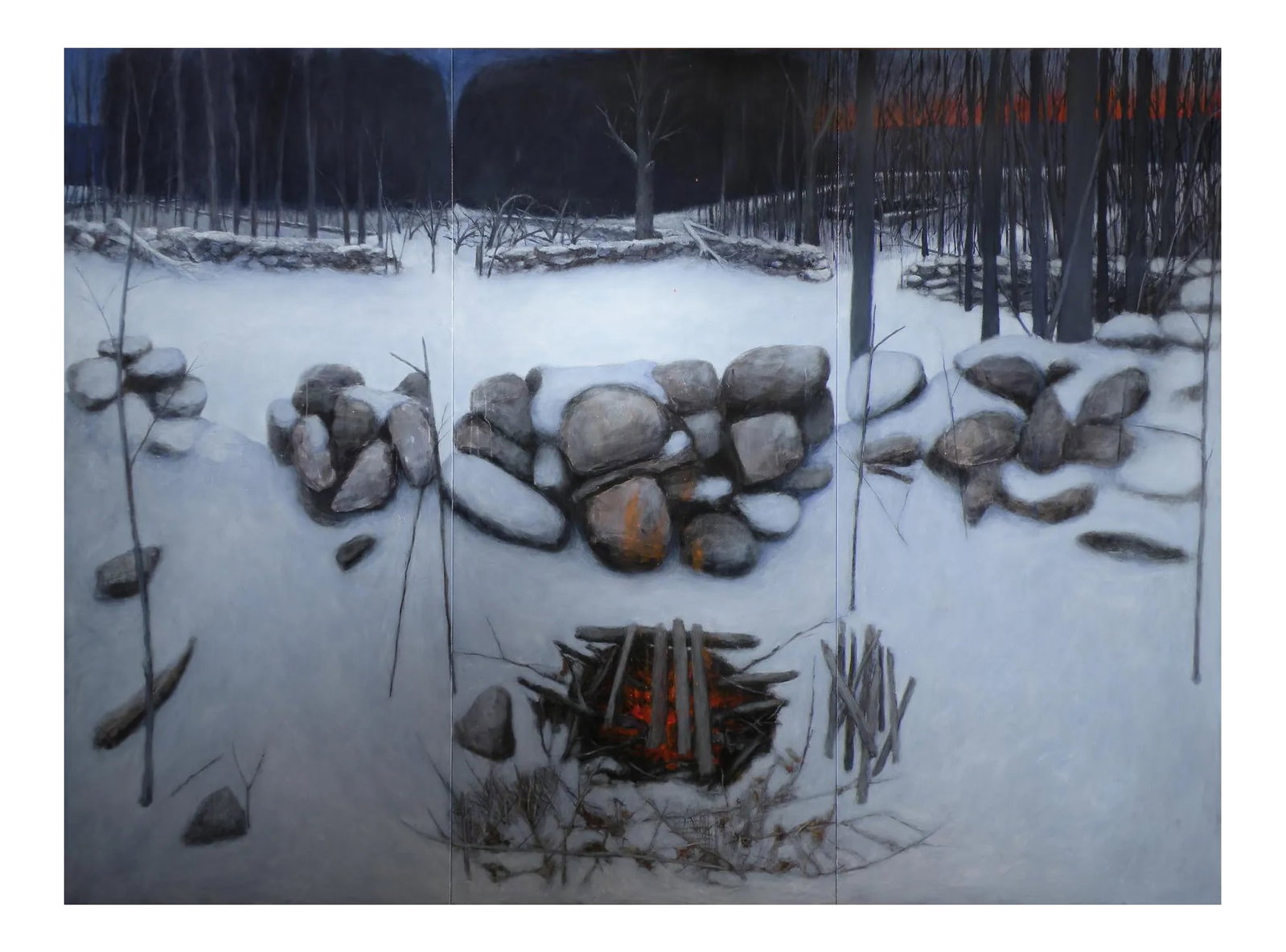 "Miles From Nowhere",Very Large Contemporary Acrylic Triptych Painting", by Stephen Remick: In this painting, I explore the stark yet serene beauty of a winter landscape, juxtaposed with the warmth of human creation. The snow-covered stones and the glowing embers of a small fire speak to